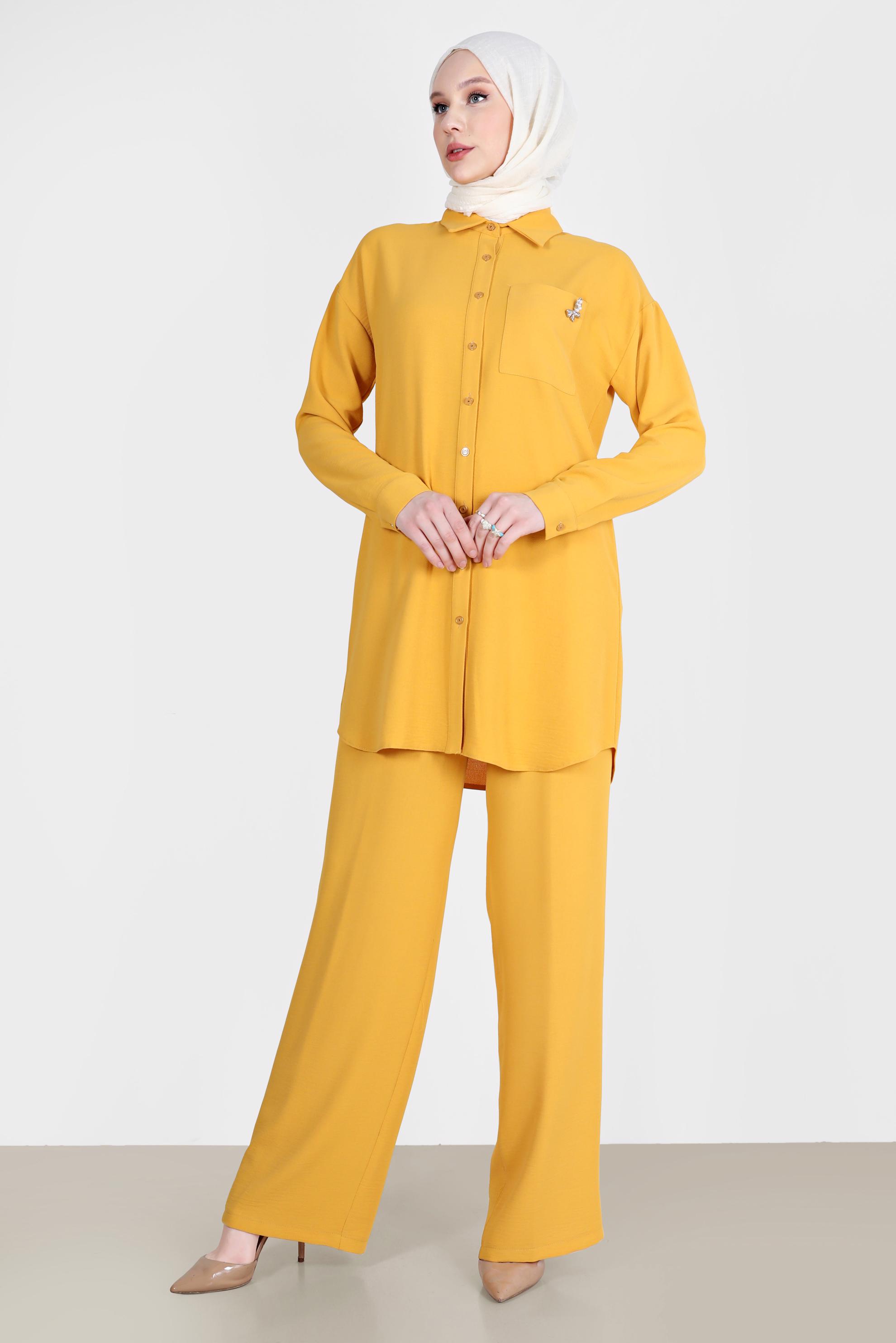 Tesettür giyim SARI BROŞ DETAYLI İKİLİ PANT. TAKIM 42548 