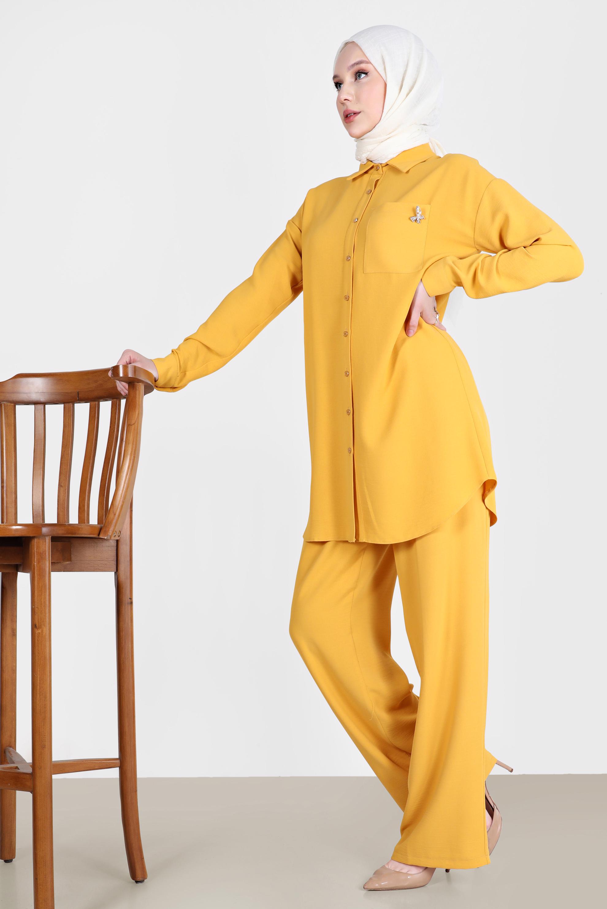 Tesettür giyim SARI BROŞ DETAYLI İKİLİ PANT. TAKIM 42548 