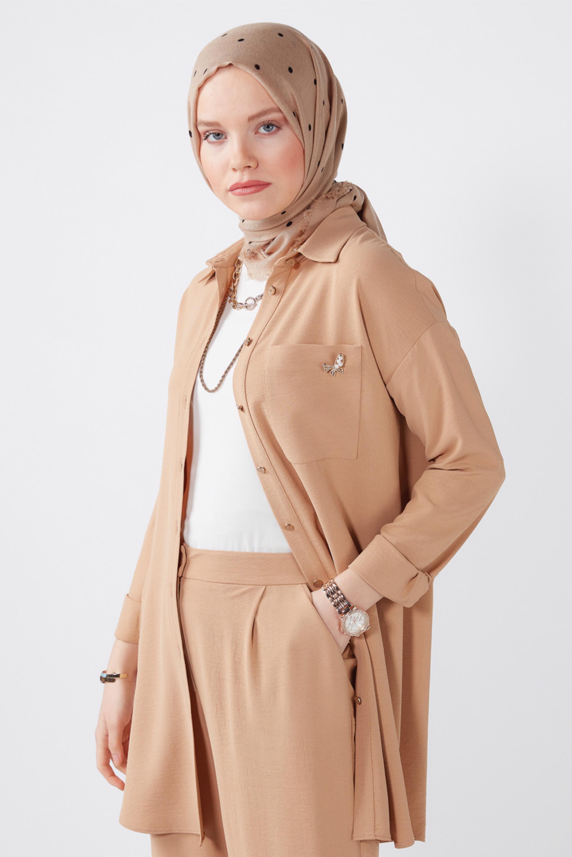 Tesettür giyim KAHVE BROŞ DETAYLI İKİLİ PANT. TAKIM 42548 