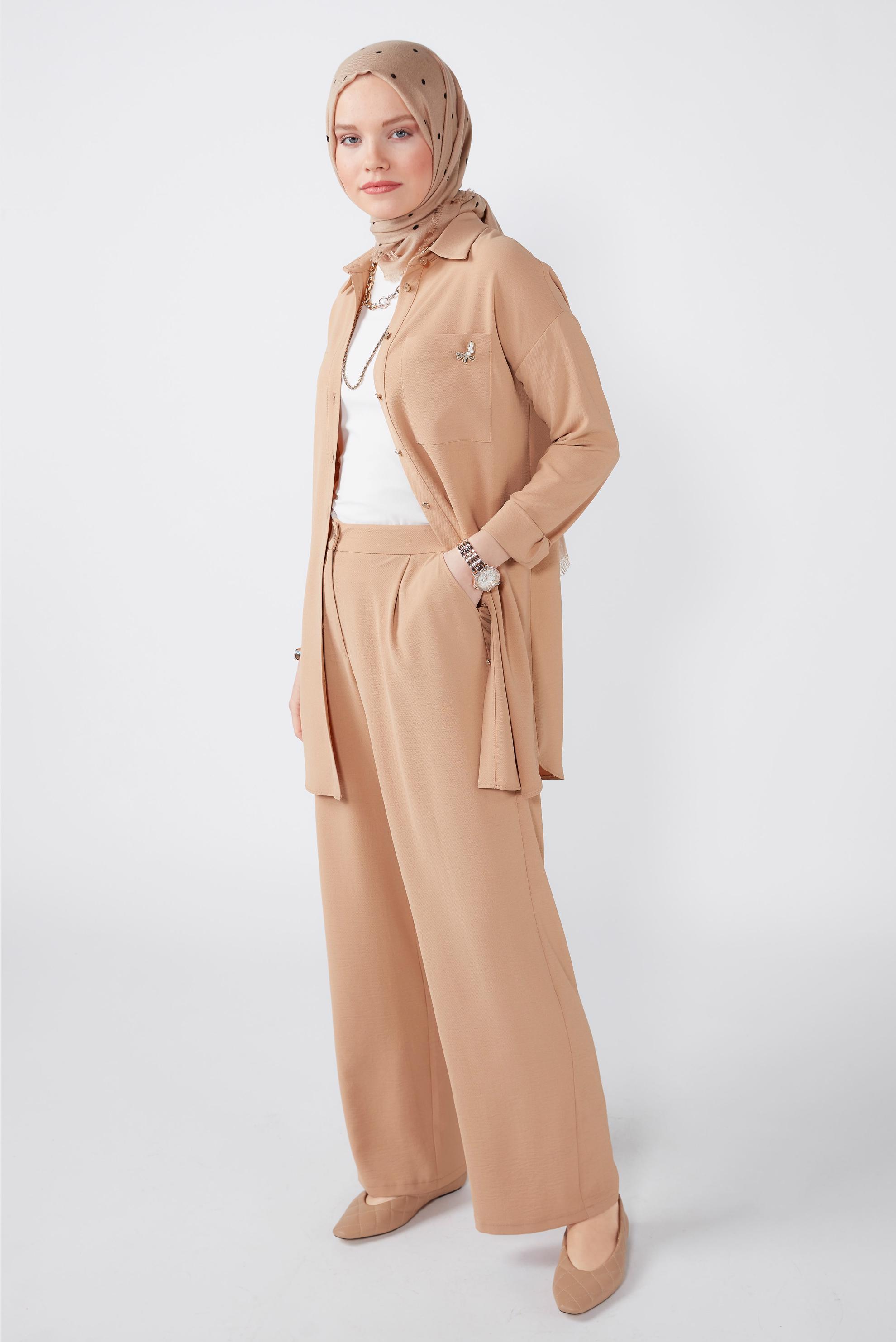 Tesettür giyim KAHVE BROŞ DETAYLI İKİLİ PANT. TAKIM 42548 