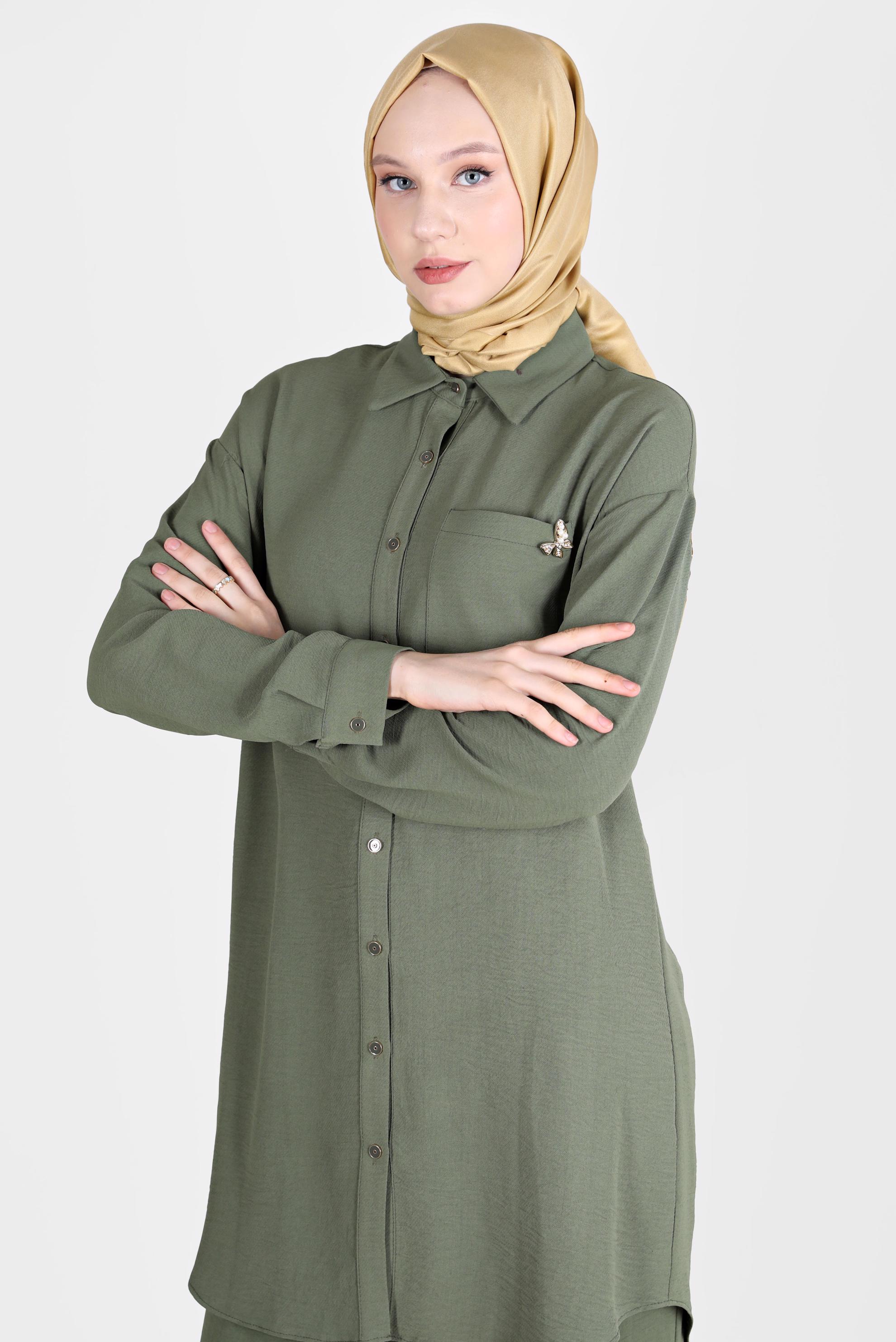 Tesettür giyim HAKİ BROŞ DETAYLI İKİLİ PANT. TAKIM 42548 