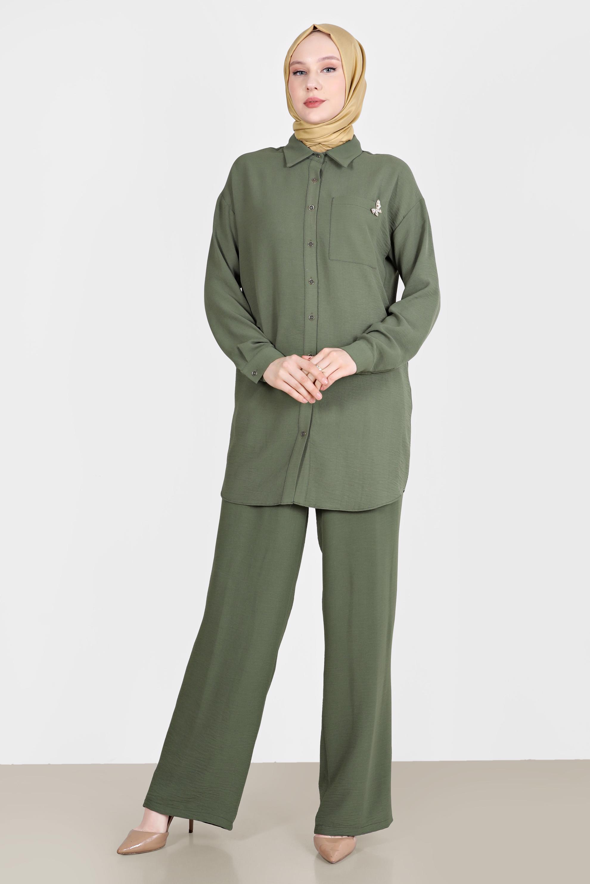 Tesettür giyim HAKİ BROŞ DETAYLI İKİLİ PANT. TAKIM 42548 