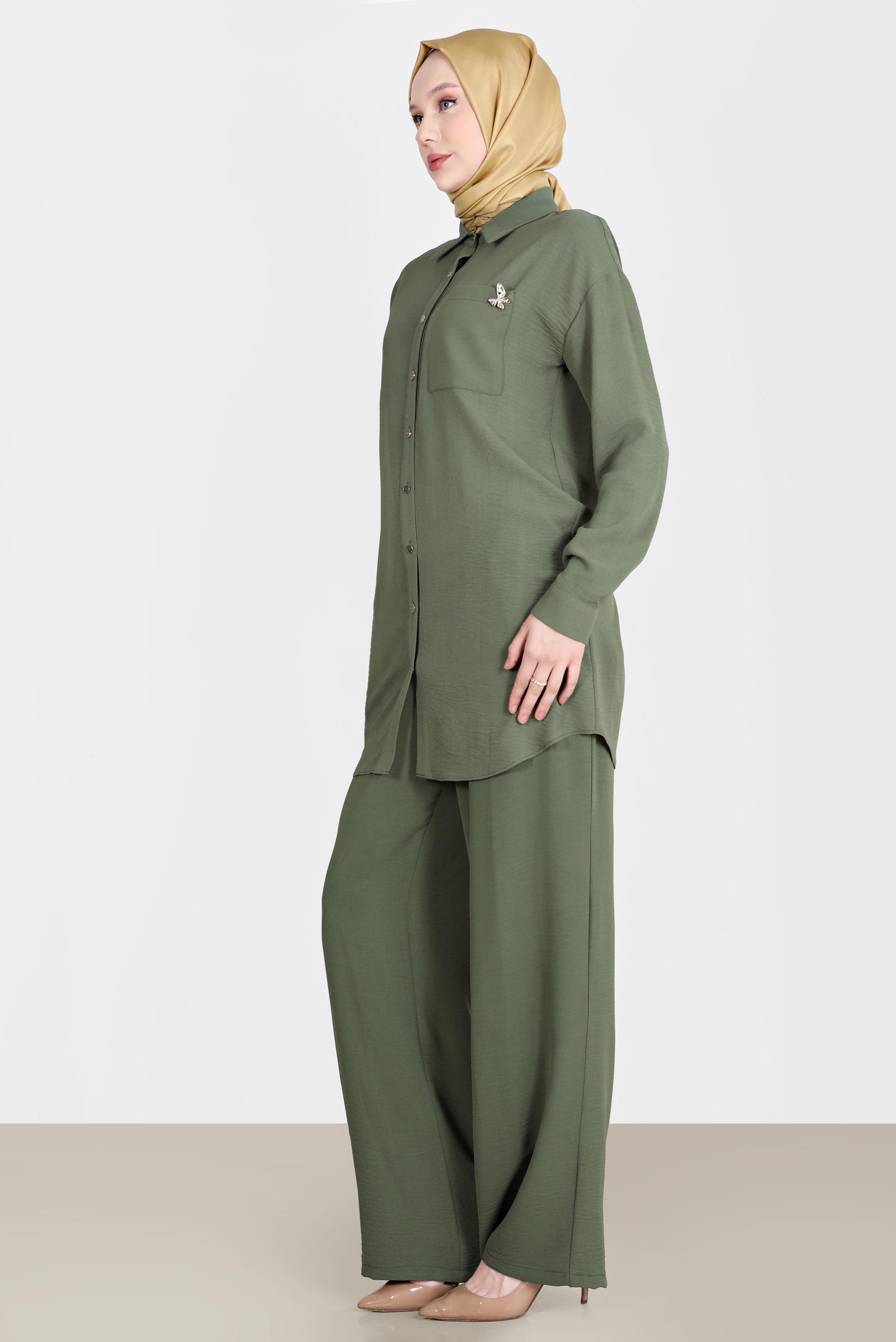 Tesettür giyim HAKİ BROŞ DETAYLI İKİLİ PANT. TAKIM 42548 