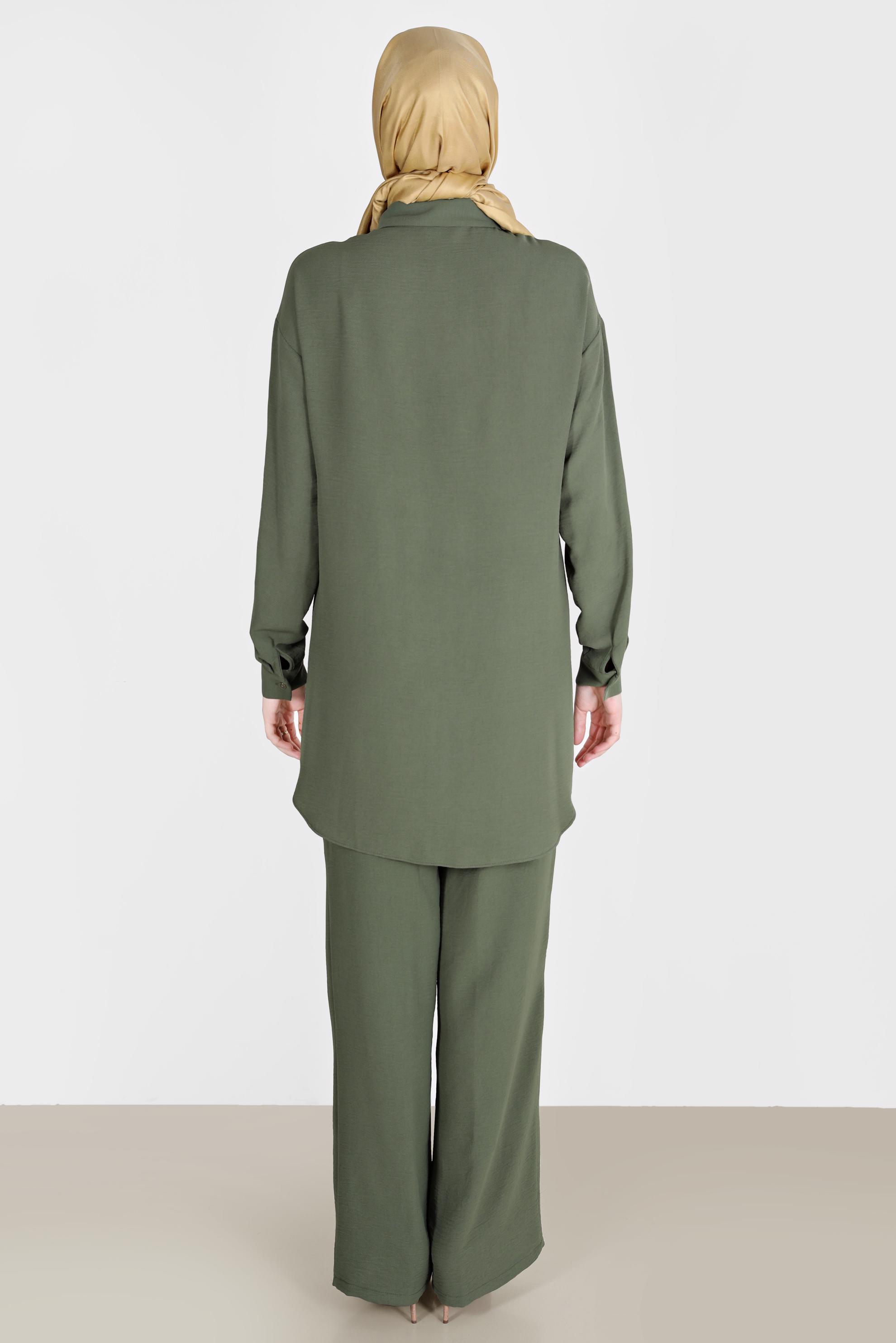 Tesettür giyim HAKİ BROŞ DETAYLI İKİLİ PANT. TAKIM 42548 