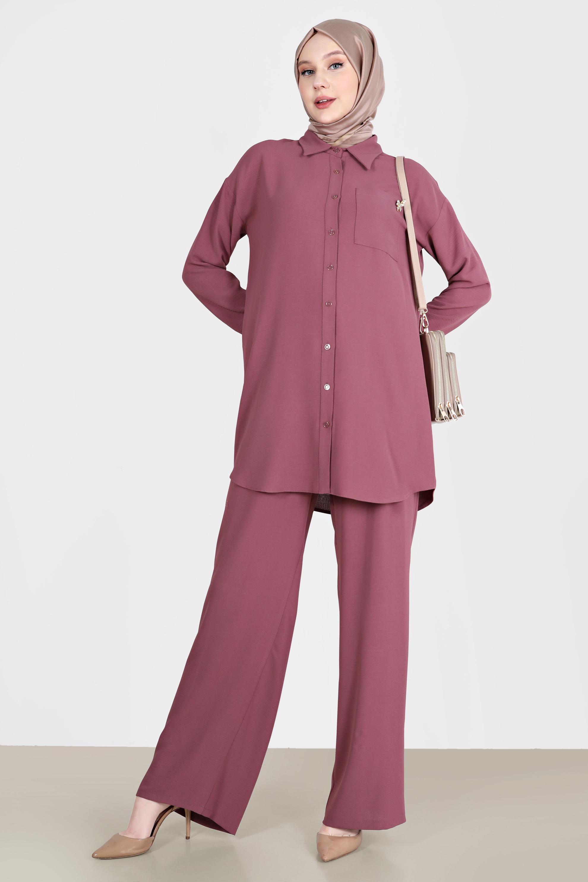 Tesettür giyim MOR BROŞ DETAYLI İKİLİ PANT. TAKIM 42548 
