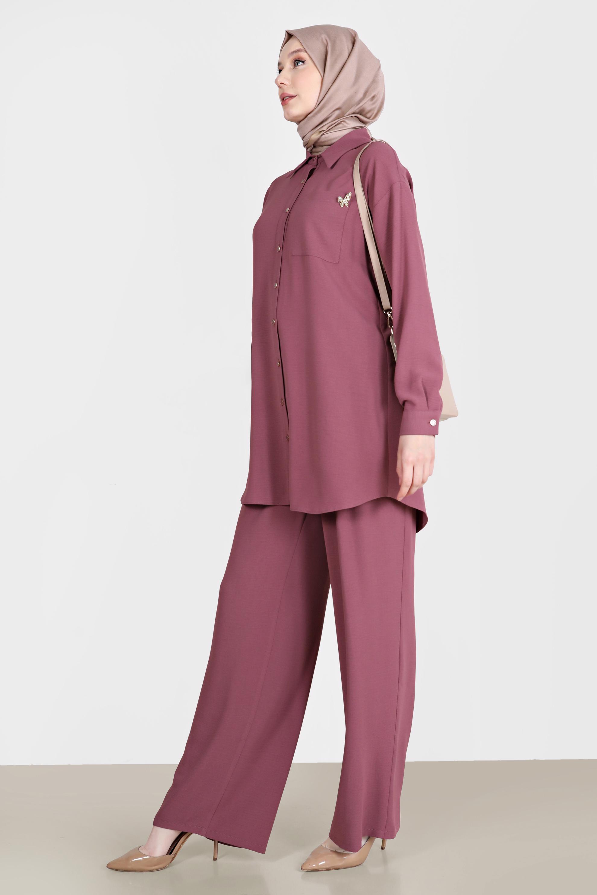 Tesettür giyim MOR BROŞ DETAYLI İKİLİ PANT. TAKIM 42548 