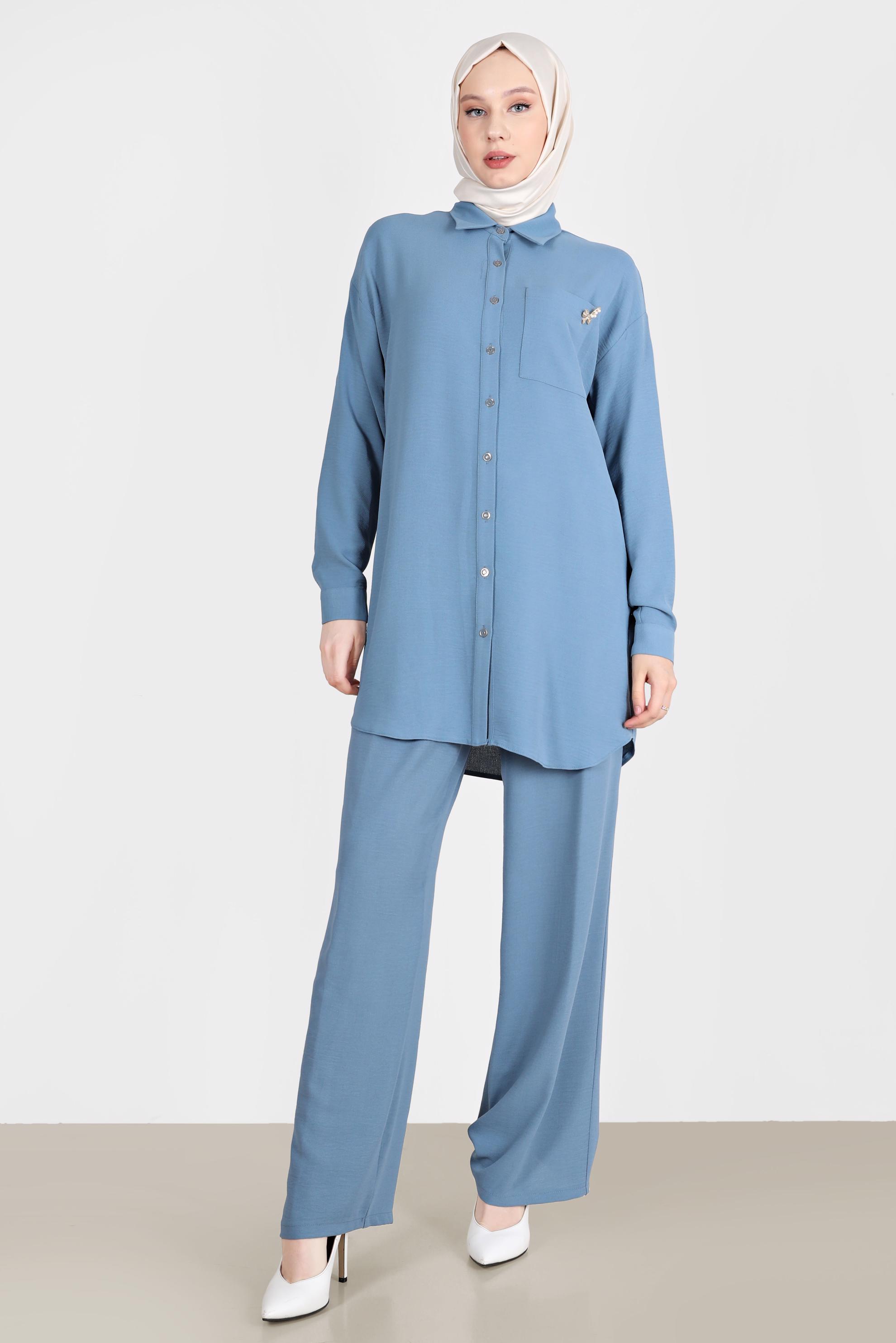Tesettür giyim MAVİ BROŞ DETAYLI İKİLİ PANT. TAKIM 42548 
