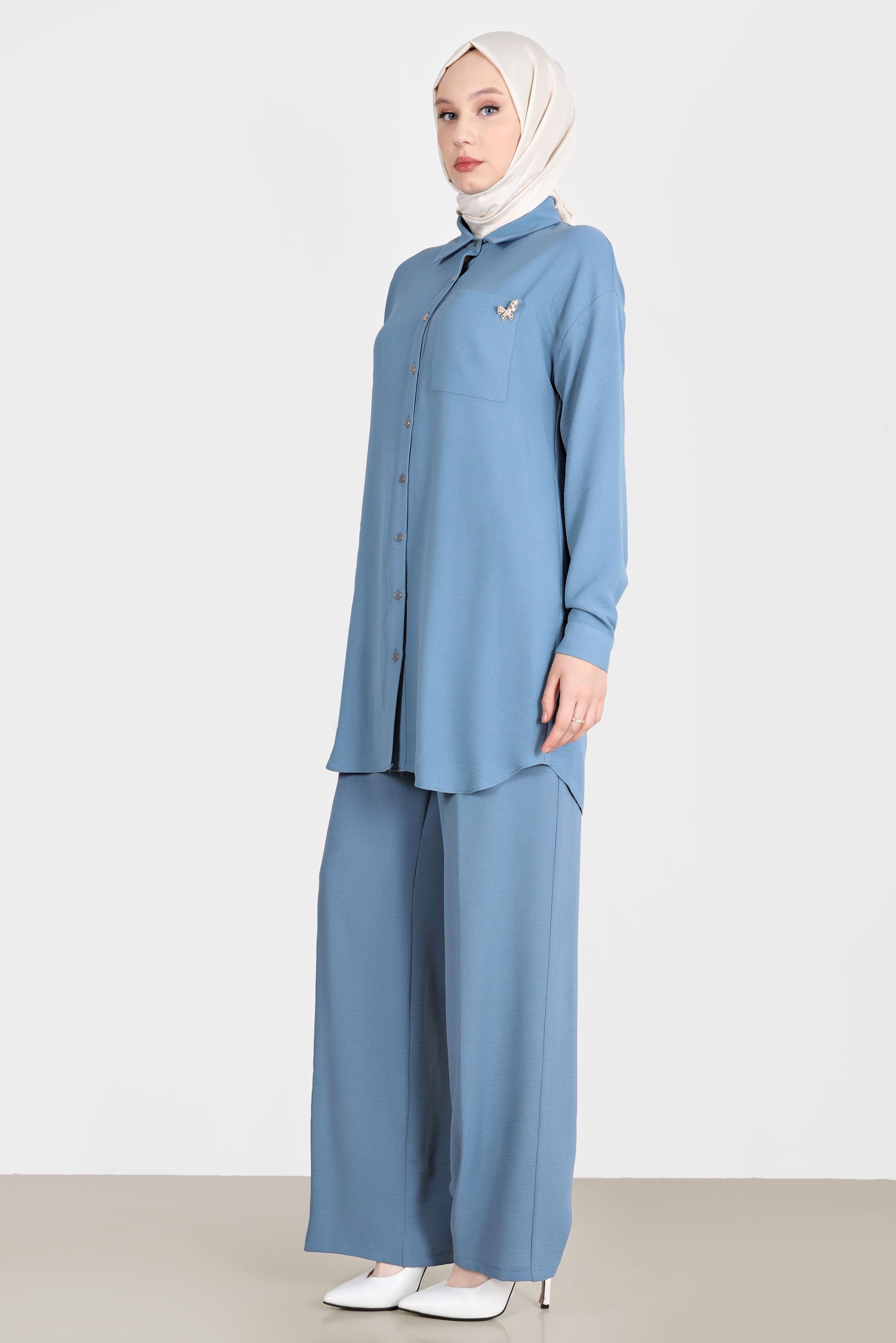 Tesettür giyim MAVİ BROŞ DETAYLI İKİLİ PANT. TAKIM 42548 