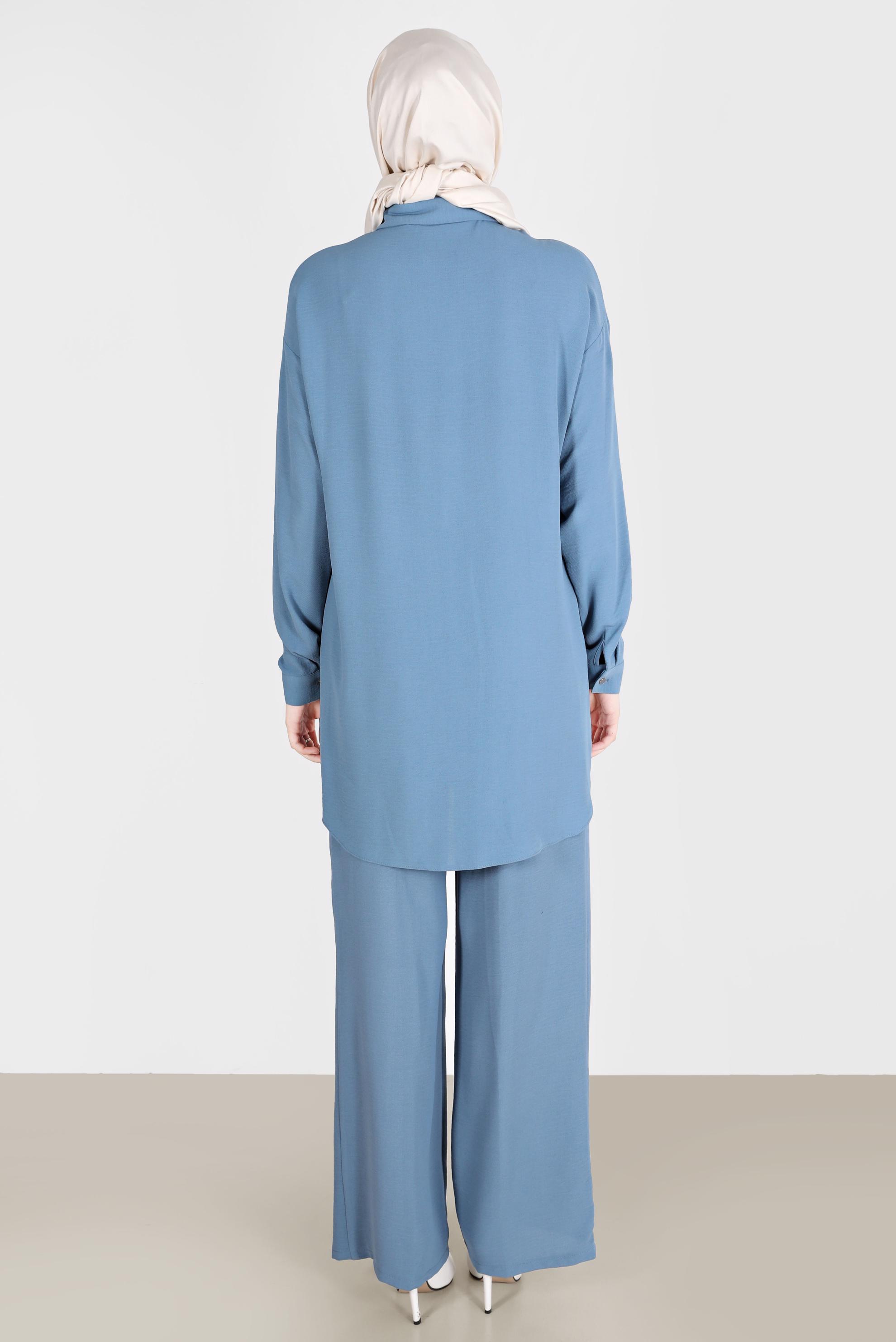 Tesettür giyim MAVİ BROŞ DETAYLI İKİLİ PANT. TAKIM 42548 
