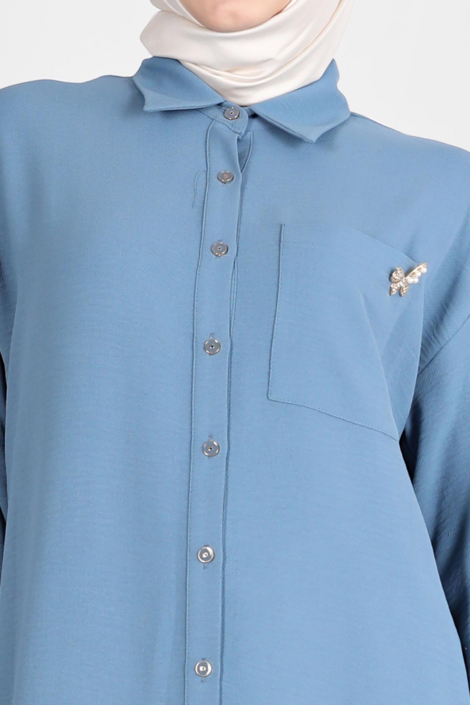 Tesettür giyim MAVİ BROŞ DETAYLI İKİLİ PANT. TAKIM 42548 