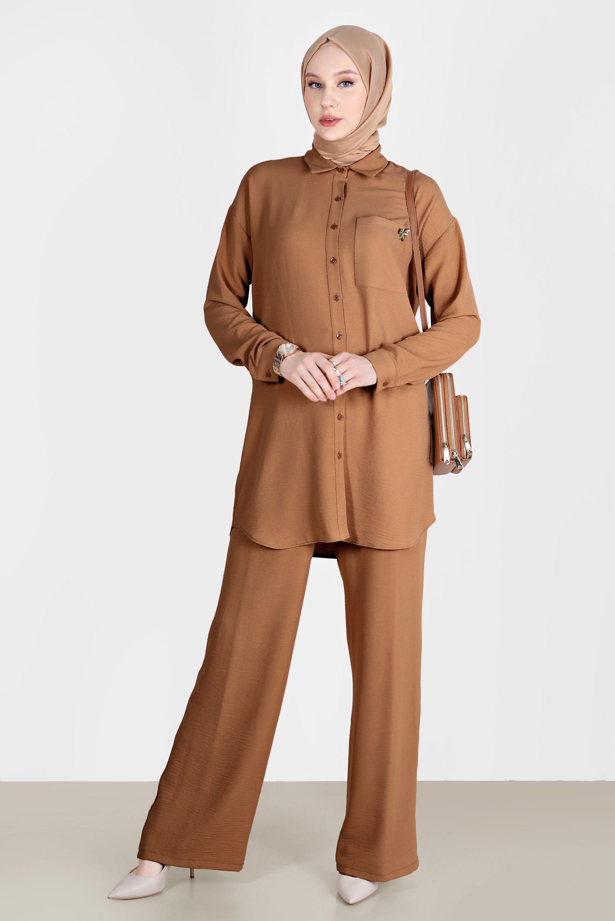 Tesettür giyim KAHVE BROŞ DETAYLI İKİLİ PANT. TAKIM 42548 