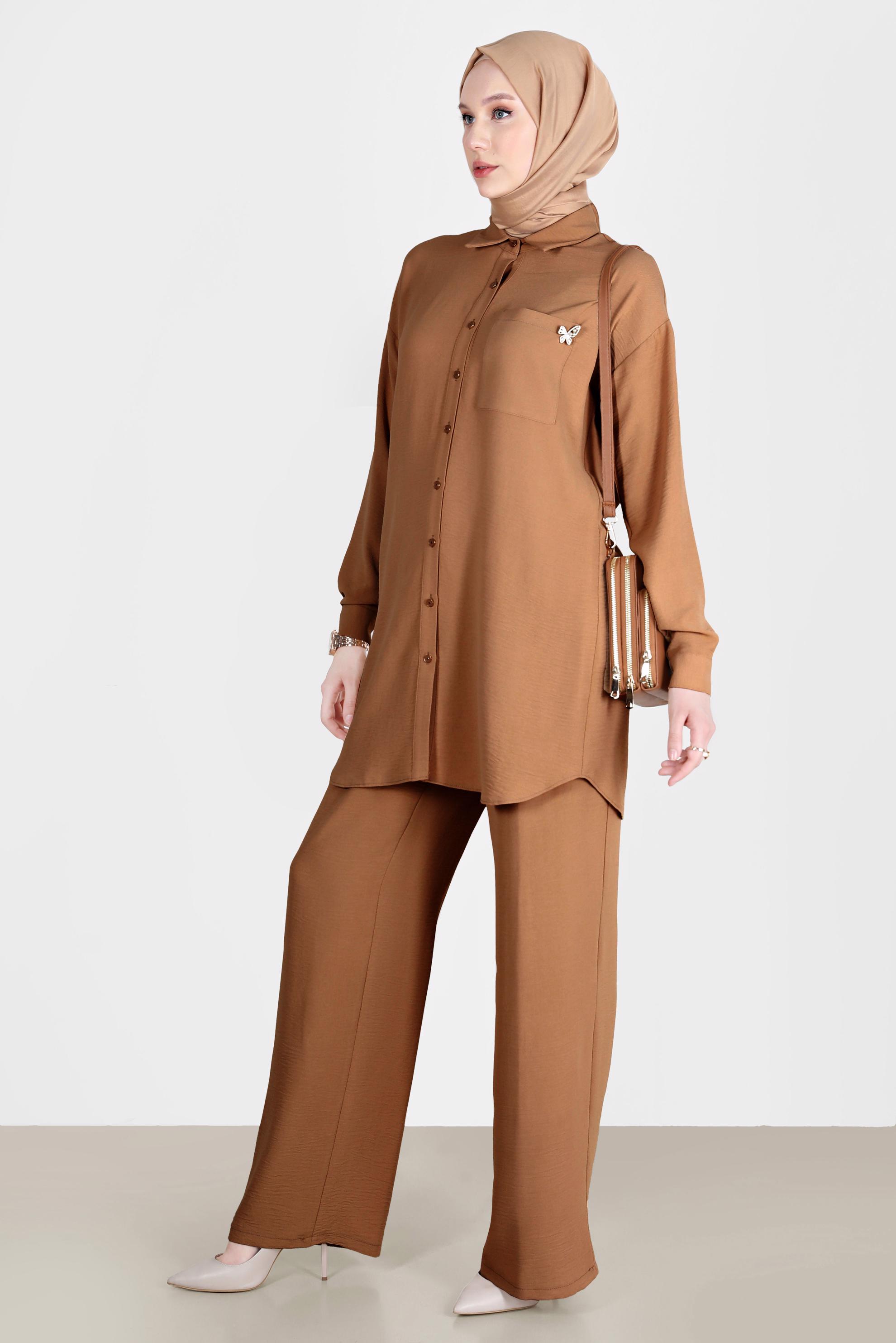 Tesettür giyim KAHVE BROŞ DETAYLI İKİLİ PANT. TAKIM 42548 