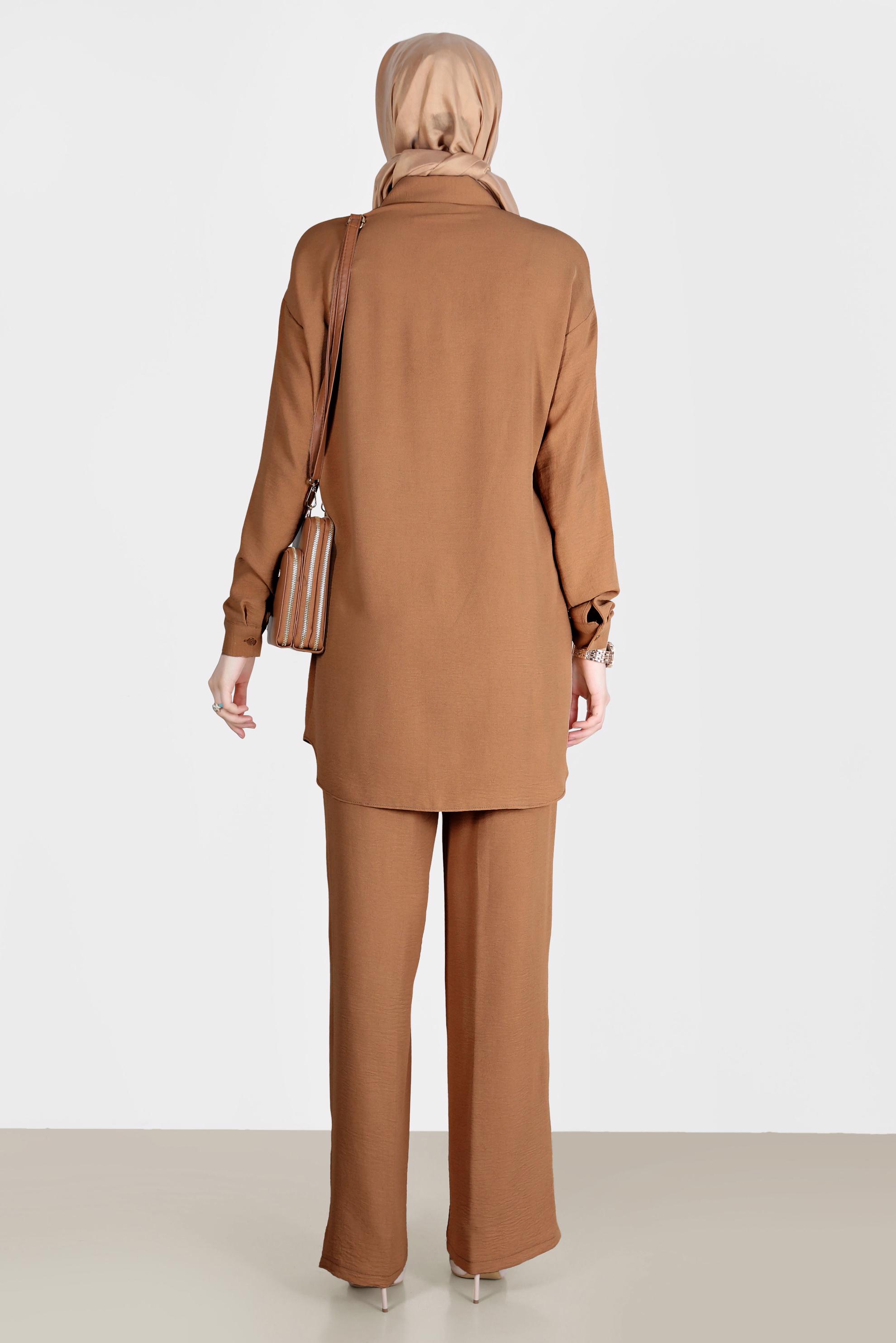 Tesettür giyim KAHVE BROŞ DETAYLI İKİLİ PANT. TAKIM 42548 