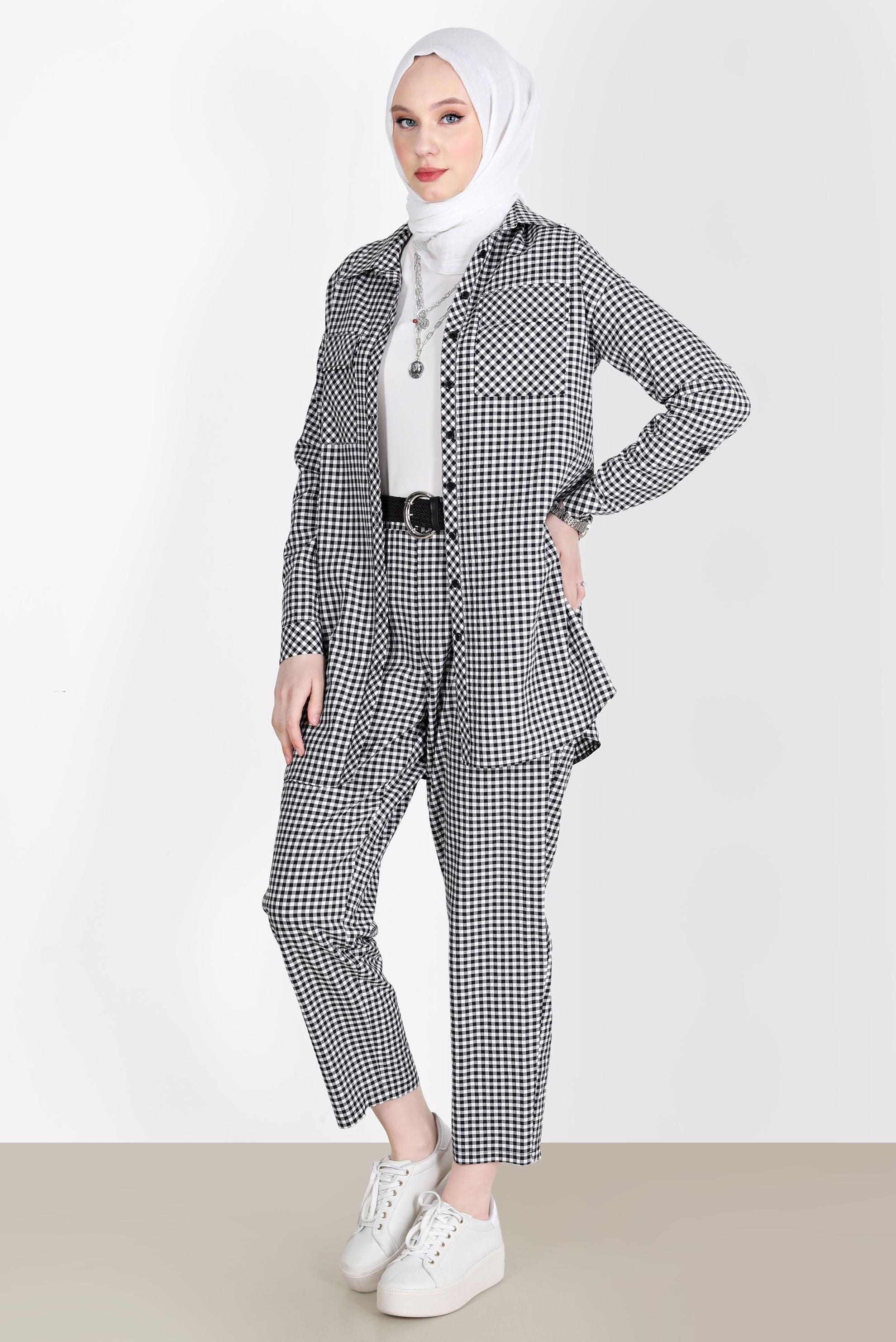 Tesettür giyim SİYAH CEPLİ PÖTİKARE DESEN İKİLİ PANT. TAKIM 42549 