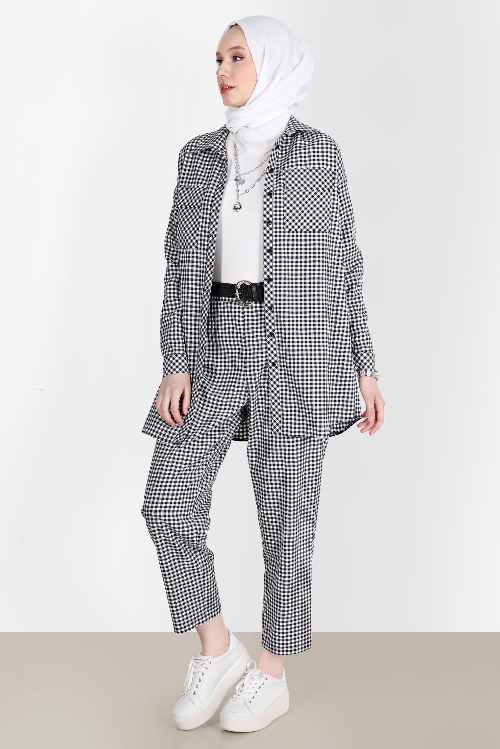 Tesettür giyim SİYAH CEPLİ PÖTİKARE DESEN İKİLİ PANT. TAKIM 42549 