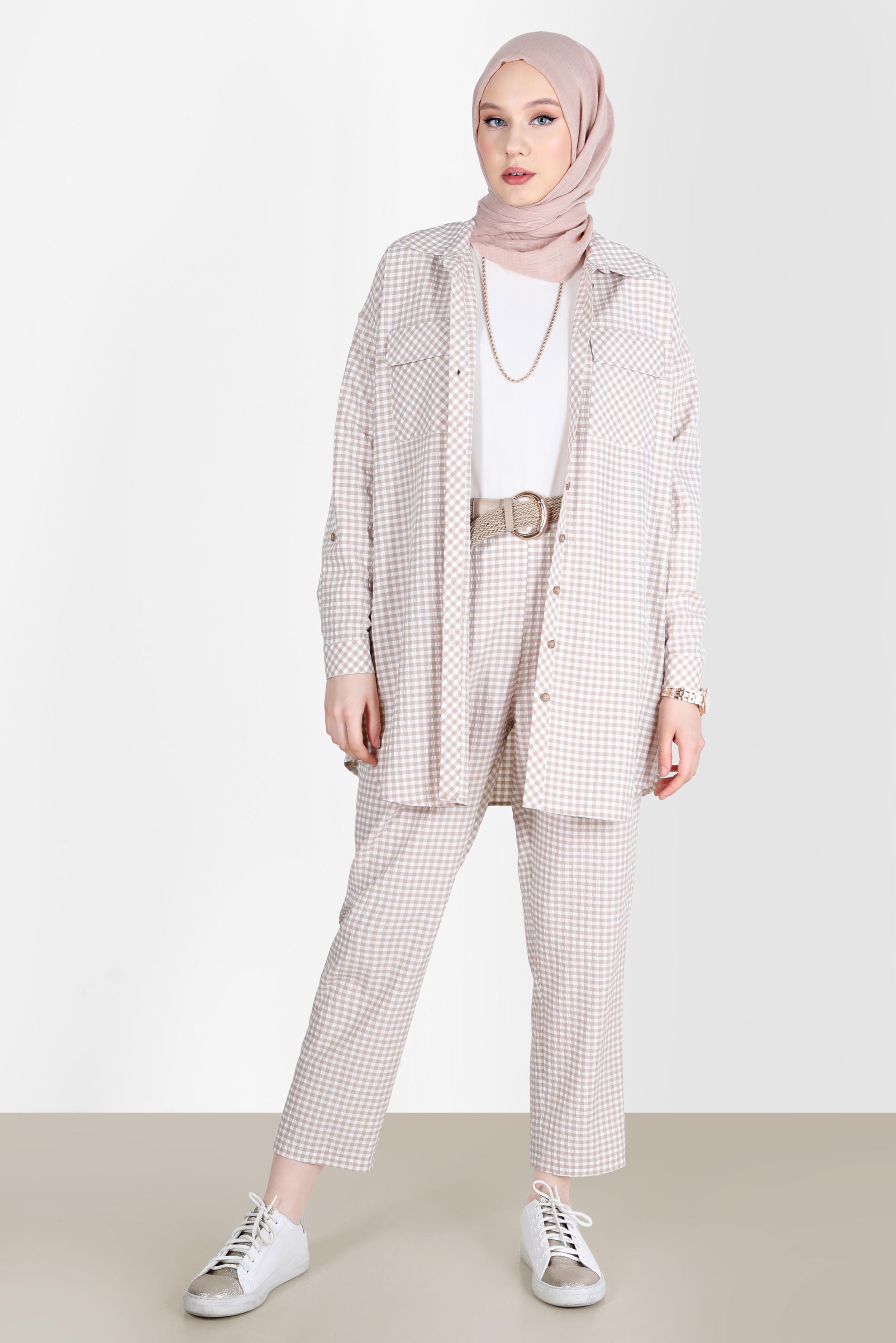 Tesettür giyim BEJ CEPLİ PÖTİKARE DESEN İKİLİ PANT. TAKIM 42549 