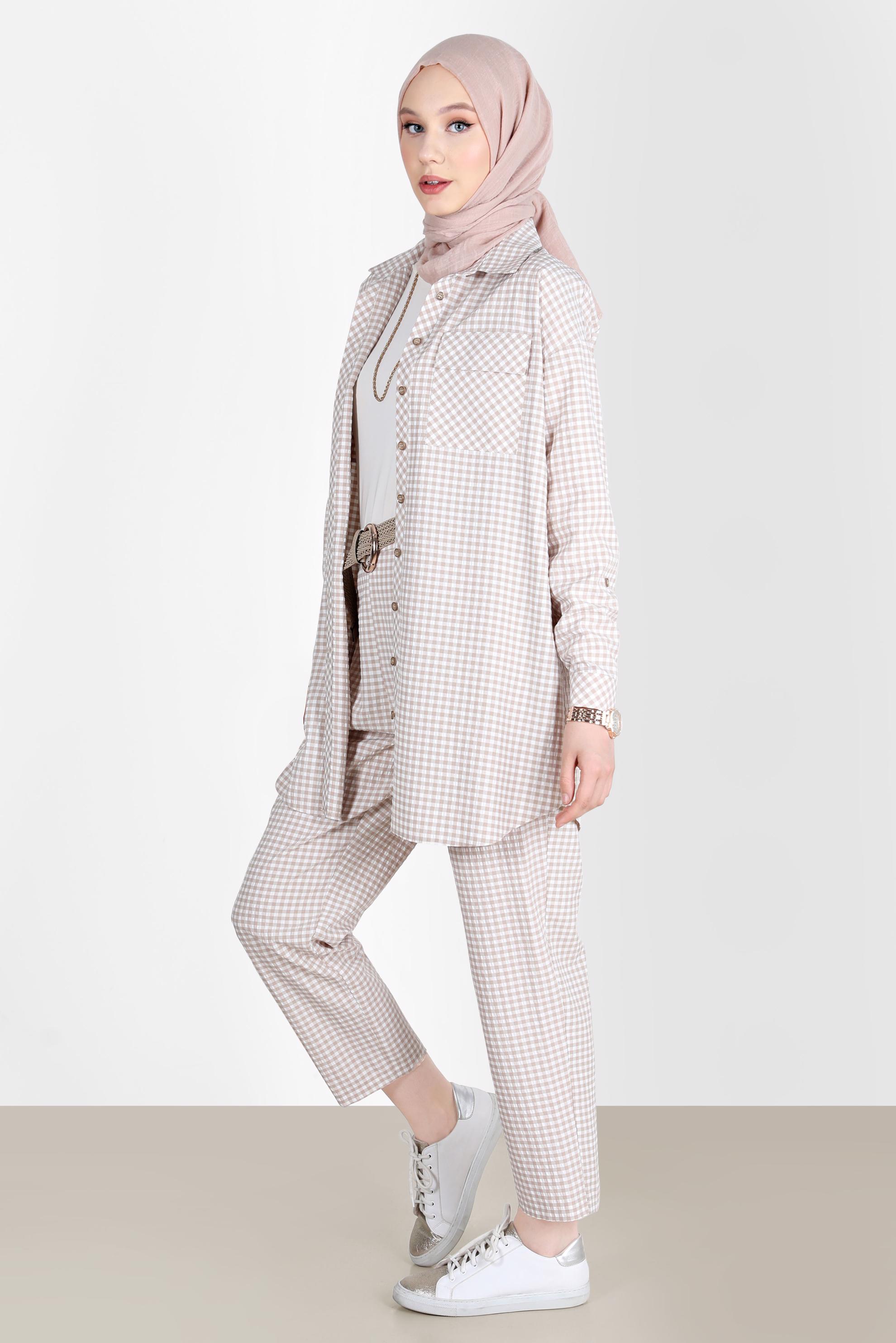 Tesettür giyim BEJ CEPLİ PÖTİKARE DESEN İKİLİ PANT. TAKIM 42549 