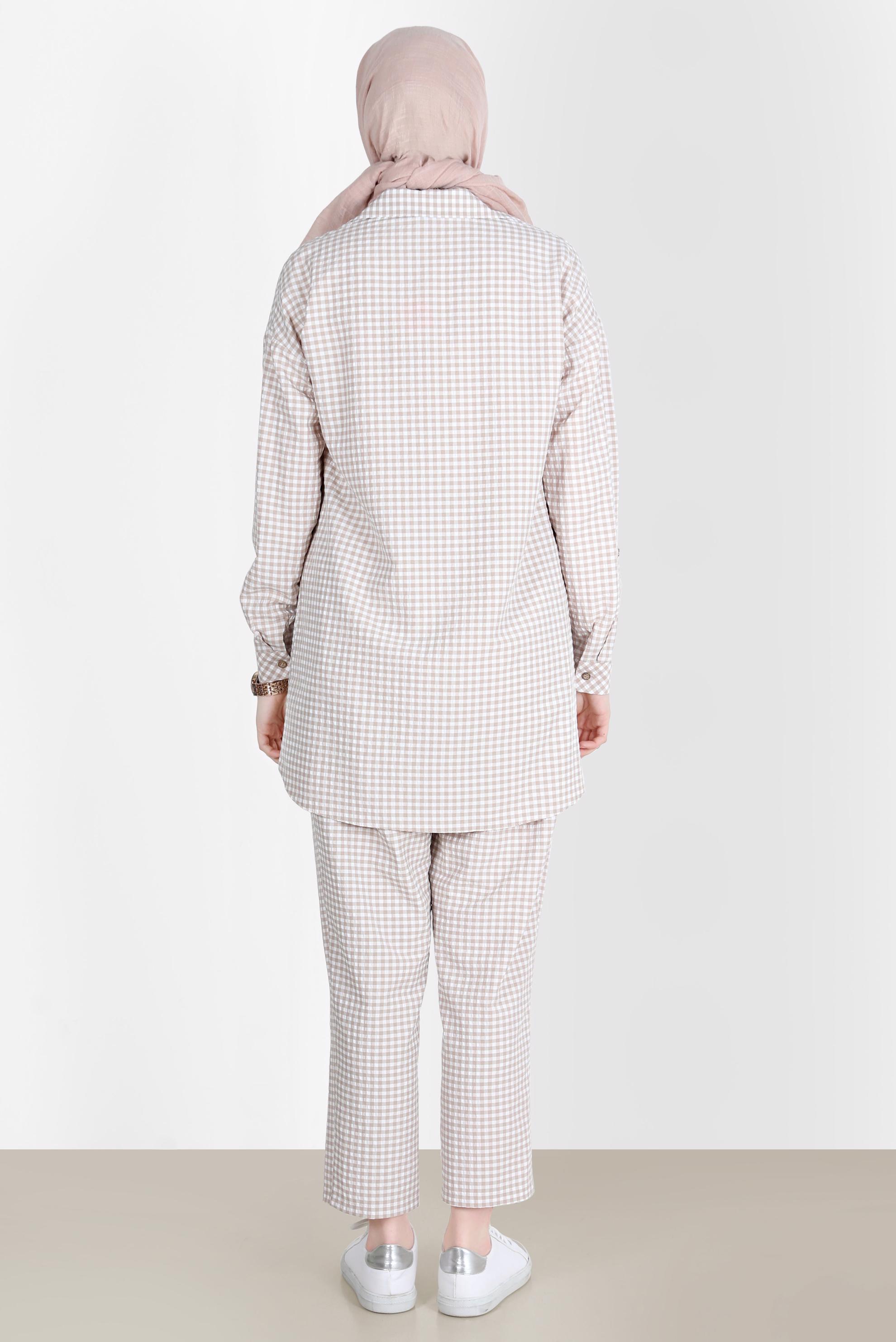 Tesettür giyim BEJ CEPLİ PÖTİKARE DESEN İKİLİ PANT. TAKIM 42549 