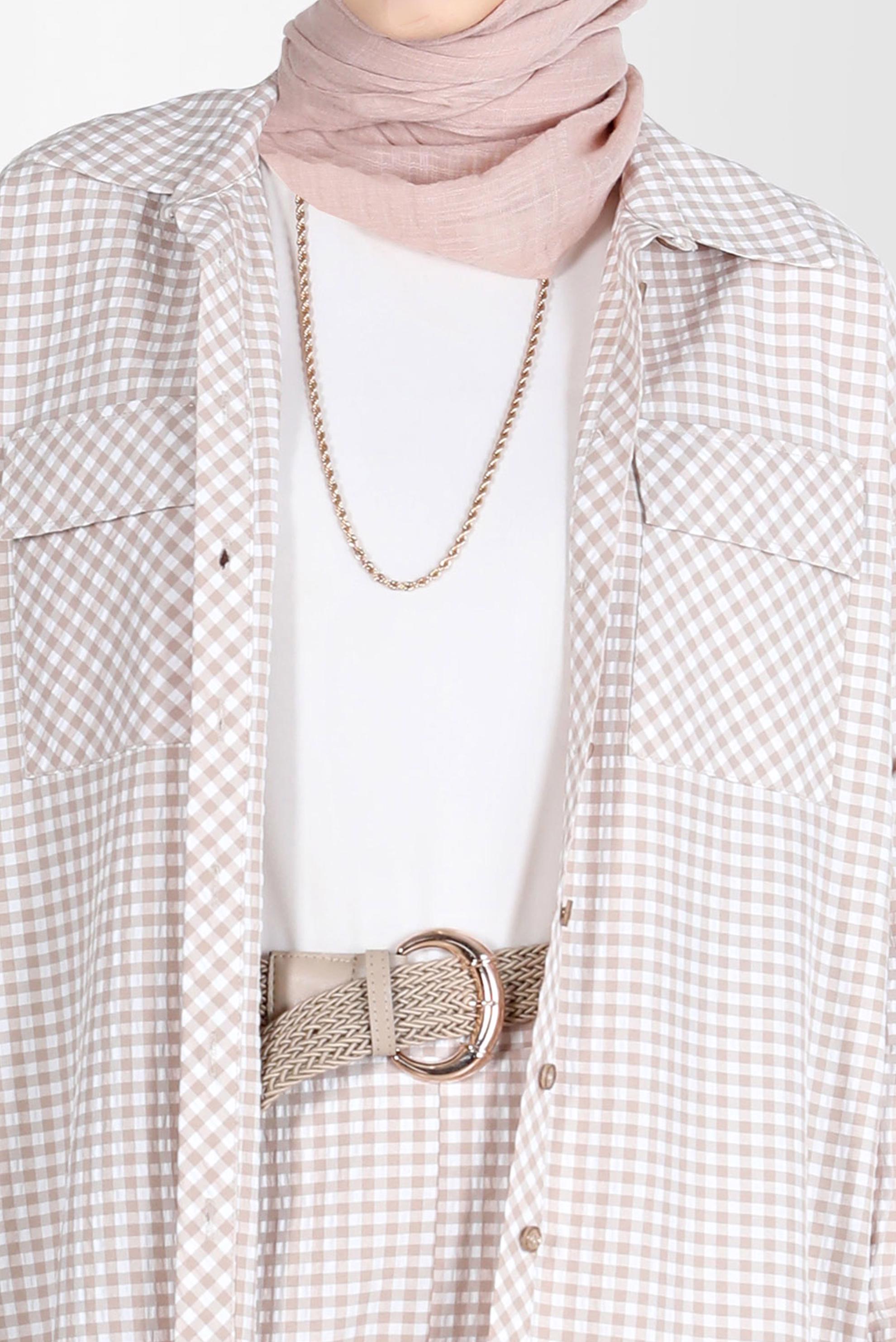 Tesettür giyim BEJ CEPLİ PÖTİKARE DESEN İKİLİ PANT. TAKIM 42549 