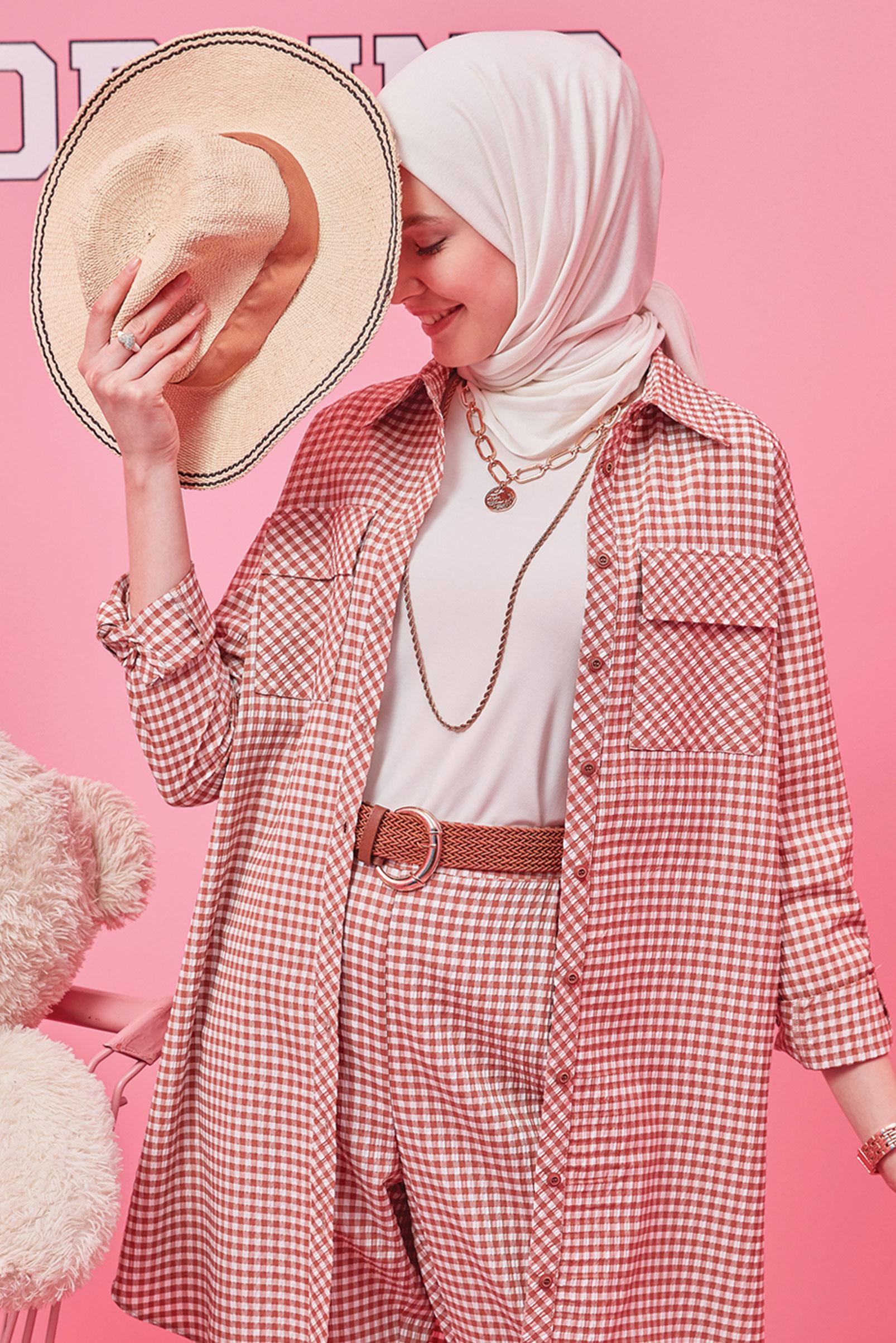 Tesettür giyim TURUNCU CEPLİ PÖTİKARE DESEN İKİLİ PANT. TAKIM 42549 