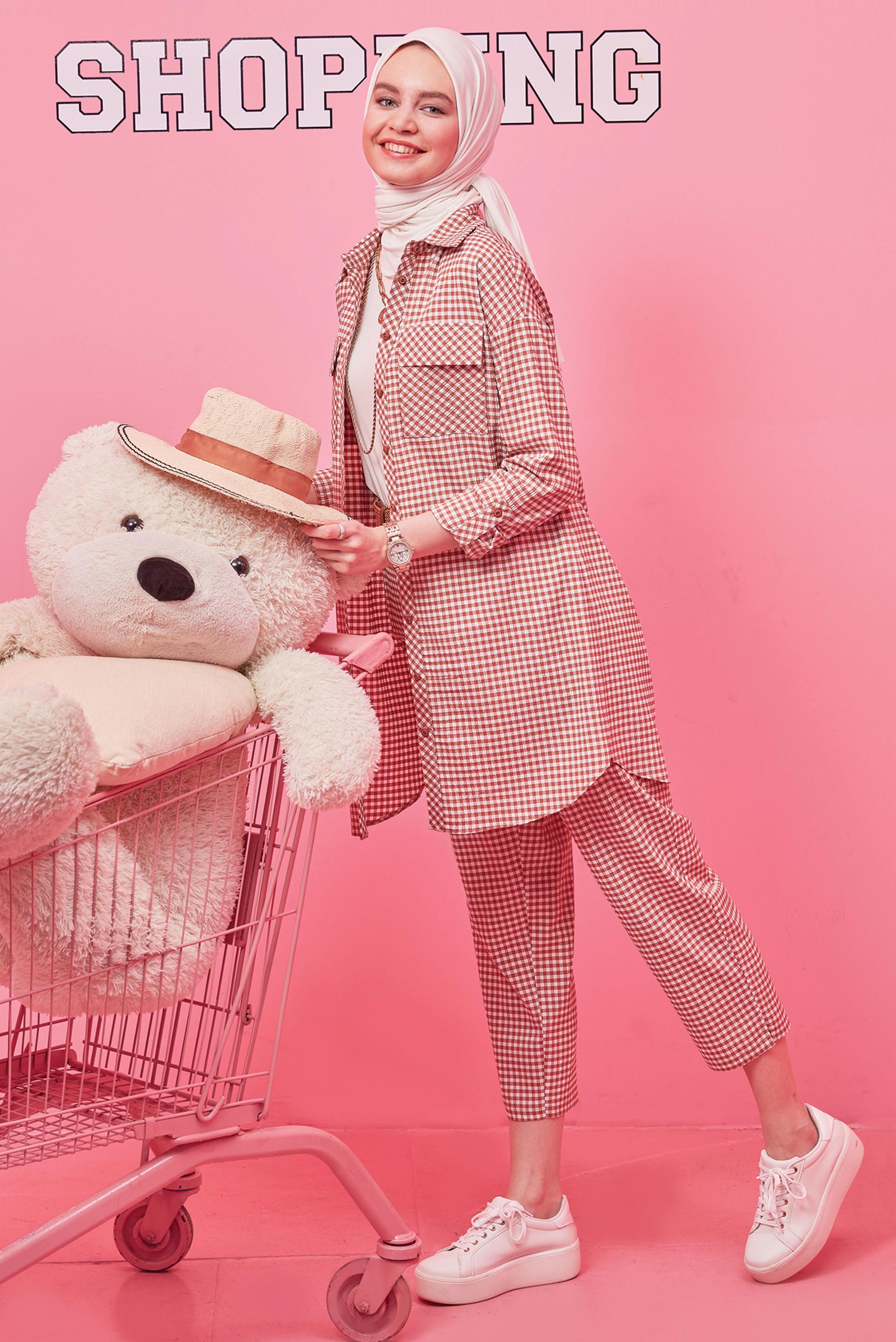 Tesettür giyim TURUNCU CEPLİ PÖTİKARE DESEN İKİLİ PANT. TAKIM 42549 