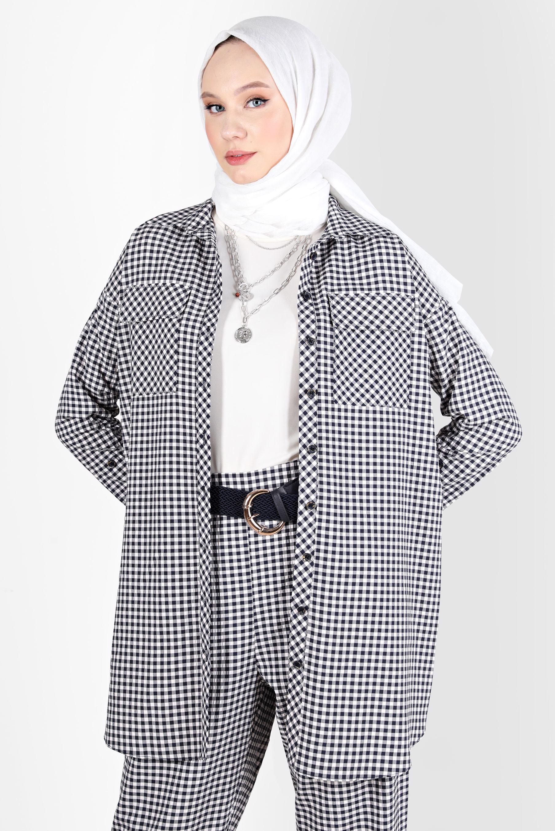 Tesettür giyim LACİVERT CEPLİ PÖTİKARE DESEN İKİLİ PANT. TAKIM 42549 