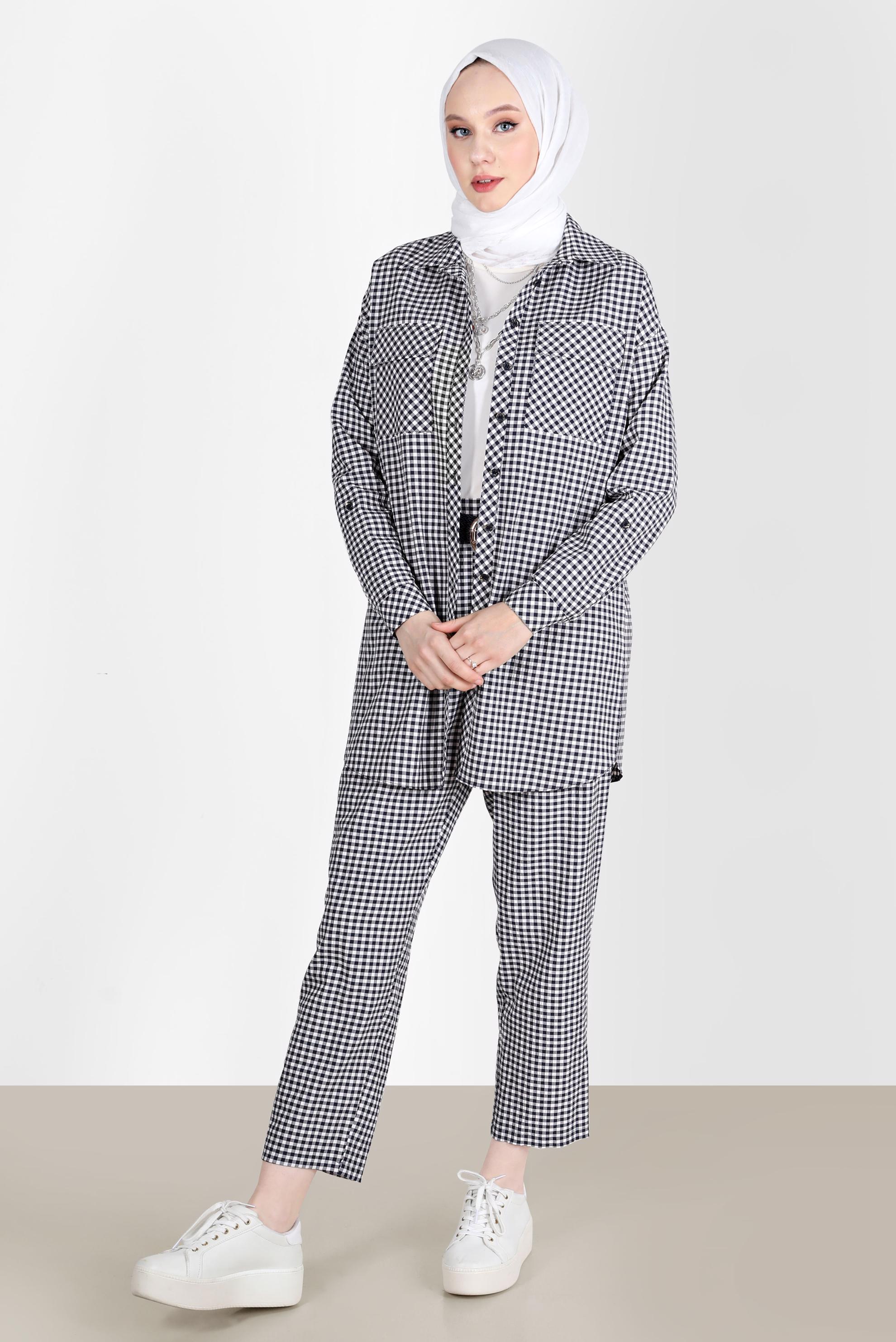 Tesettür giyim LACİVERT CEPLİ PÖTİKARE DESEN İKİLİ PANT. TAKIM 42549 