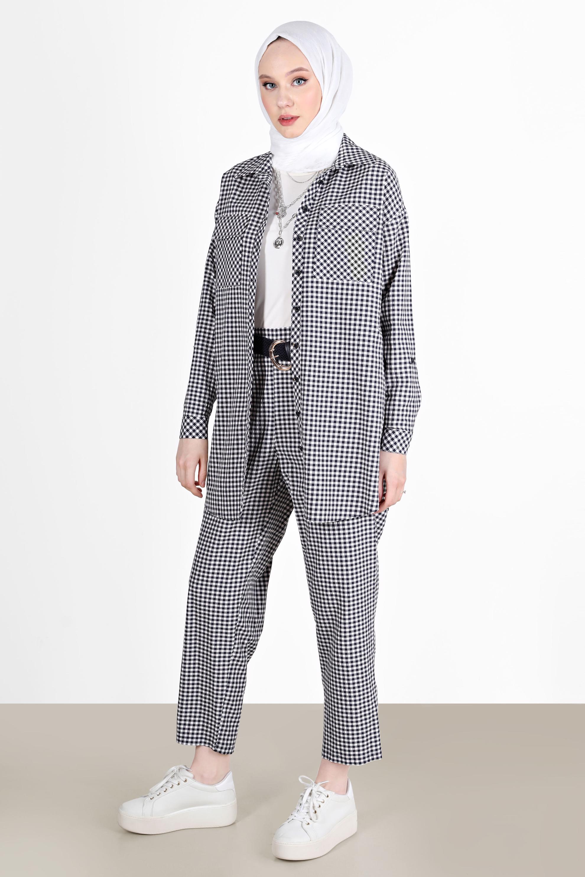 Tesettür giyim LACİVERT CEPLİ PÖTİKARE DESEN İKİLİ PANT. TAKIM 42549 