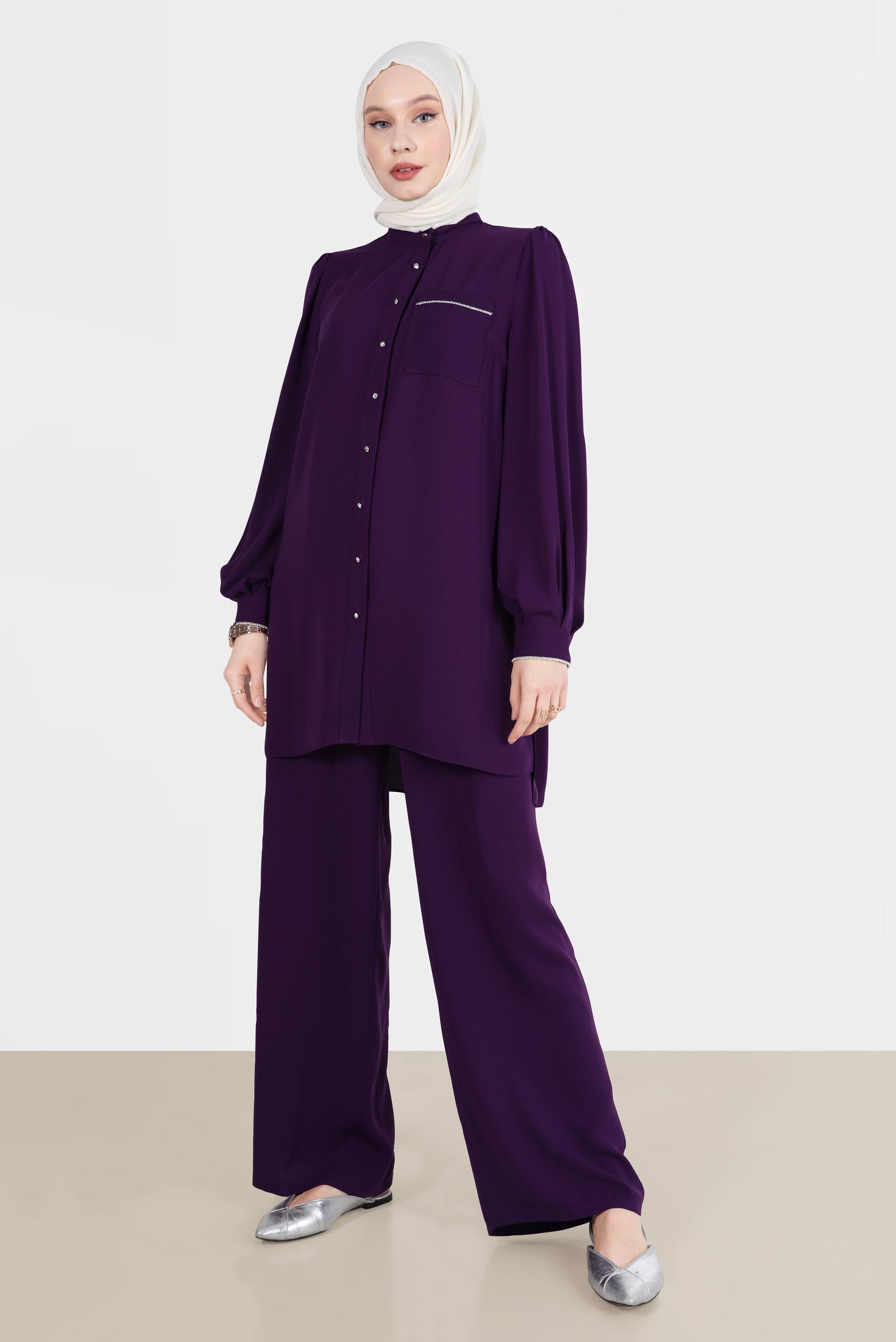 Tesettür giyim MOR TAŞ DETAYLI İKİLİ KLASİK PANT. TAKIM 42565 