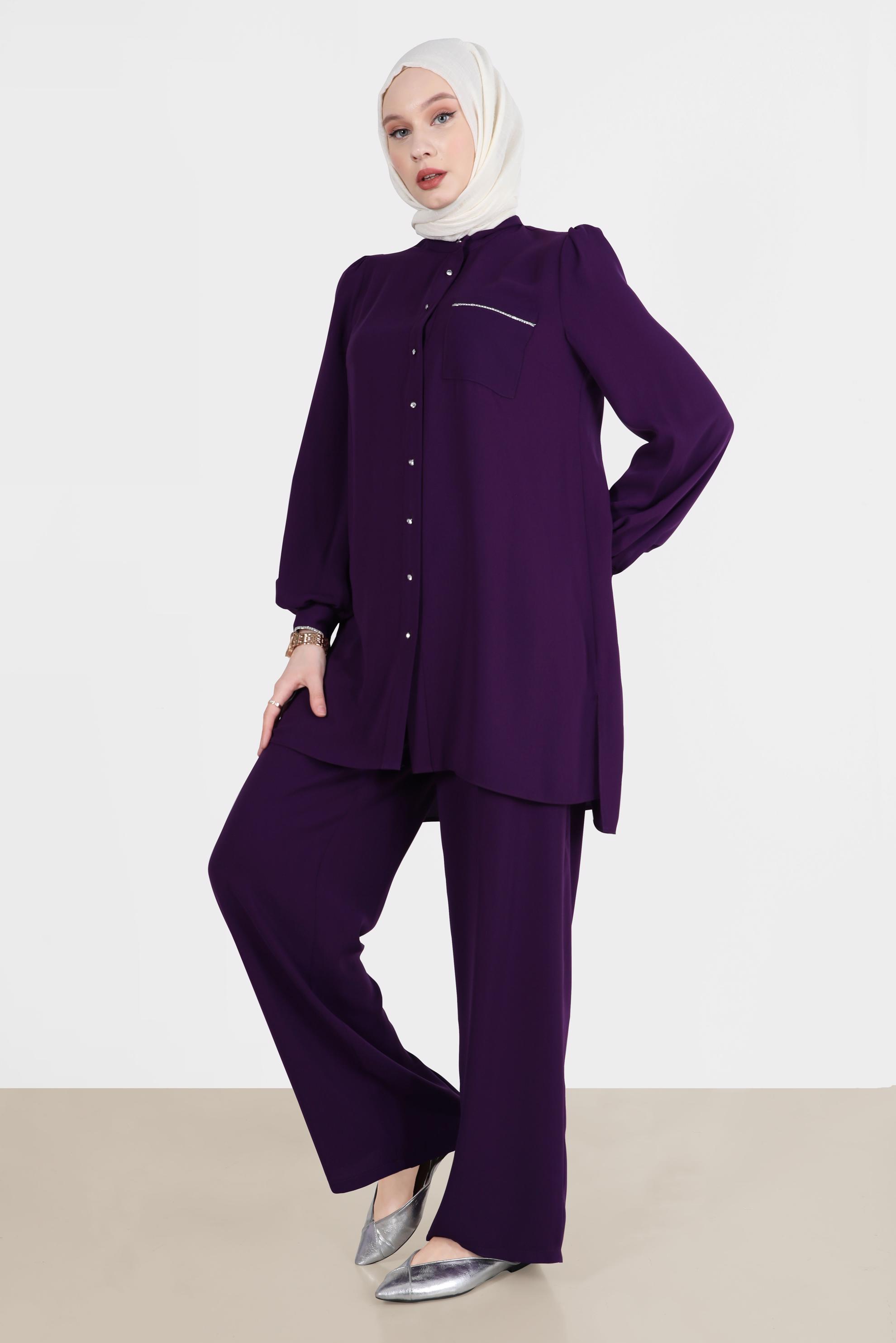 Tesettür giyim MOR TAŞ DETAYLI İKİLİ KLASİK PANT. TAKIM 42565 