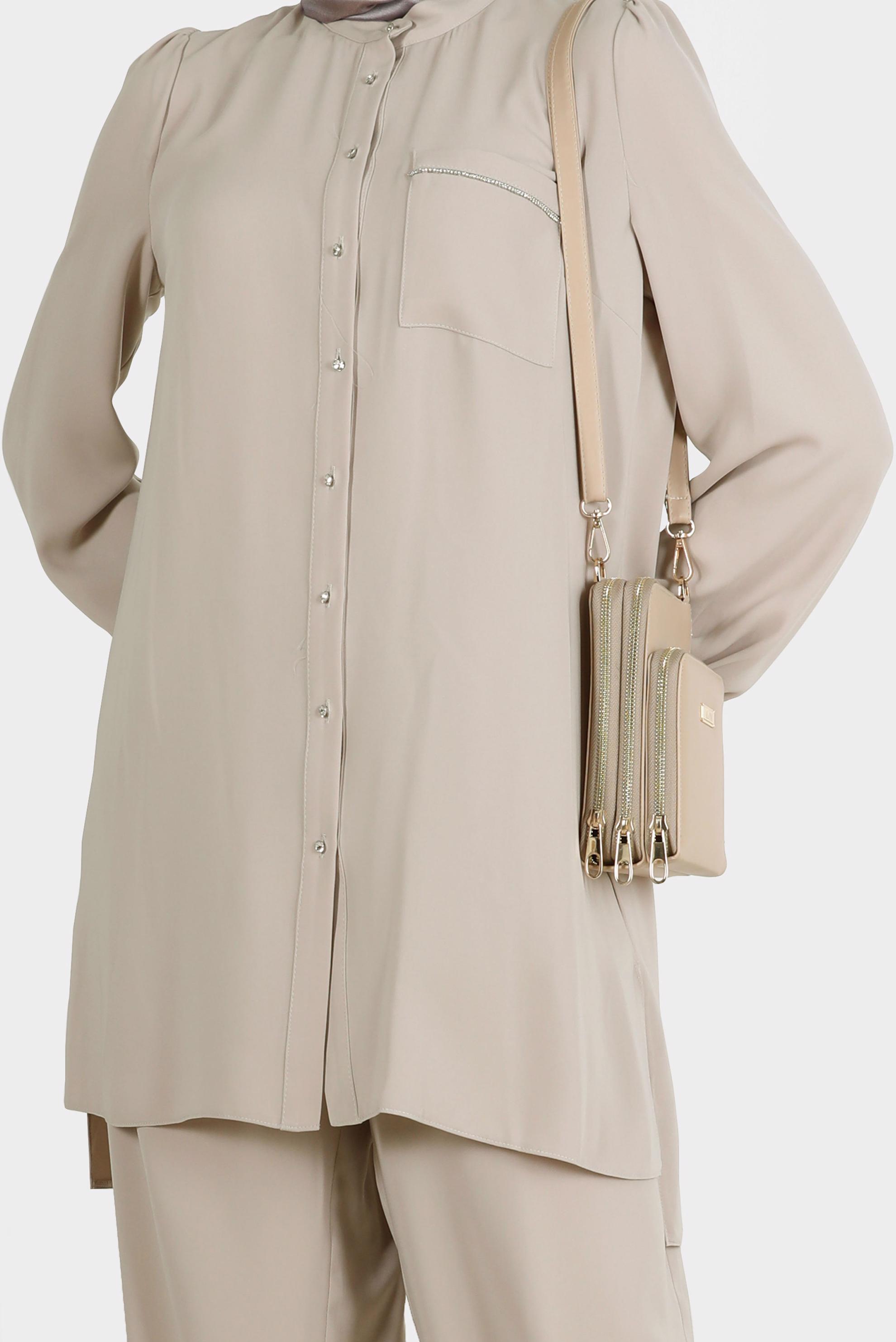 Tesettür giyim BEJ TAŞ DETAYLI İKİLİ KLASİK PANT. TAKIM 42565 