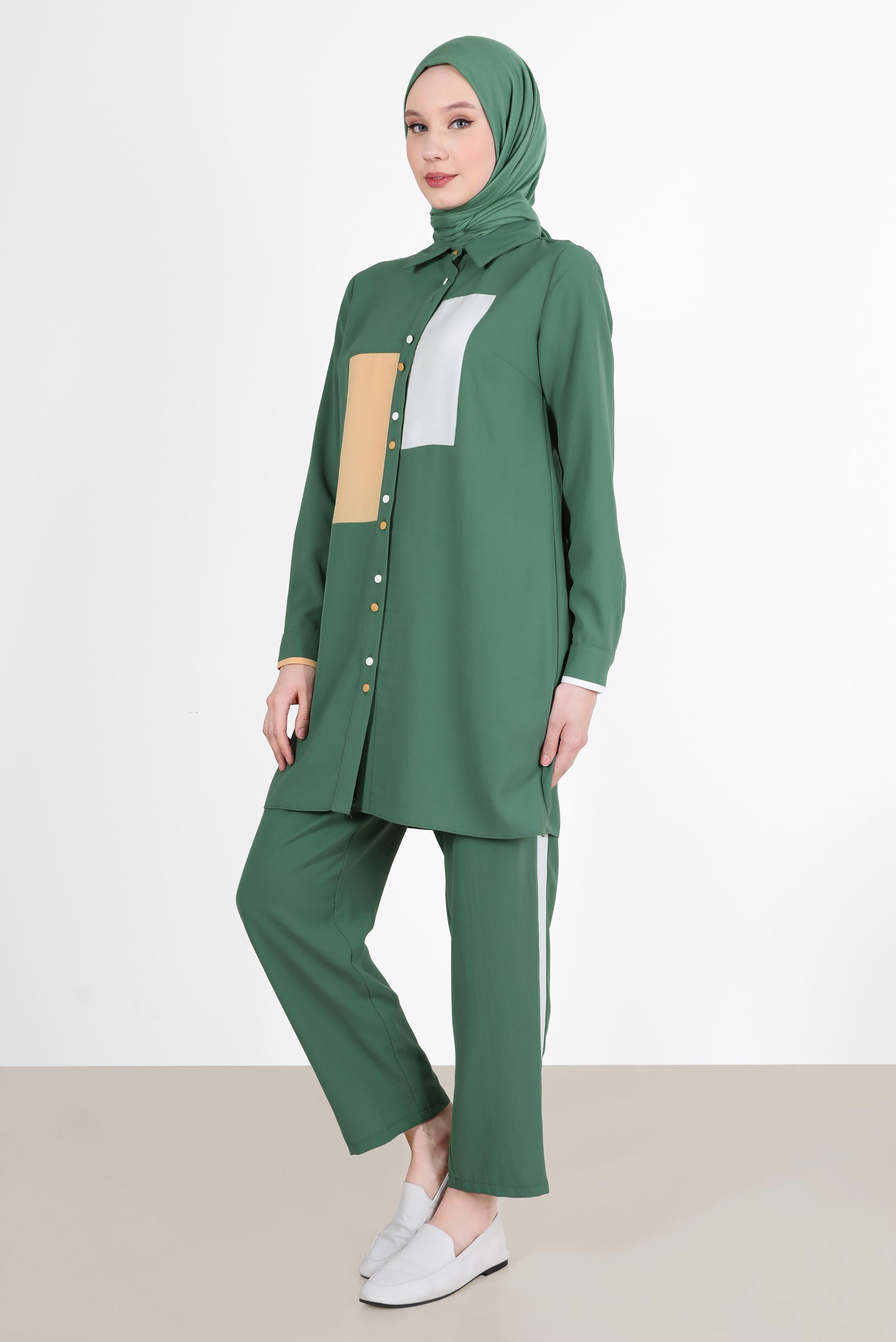 Tesettür giyim YEŞİL GEOMETRİK ŞEKİL DETAYLI İKİLİ PANT. TAKIM 42588 