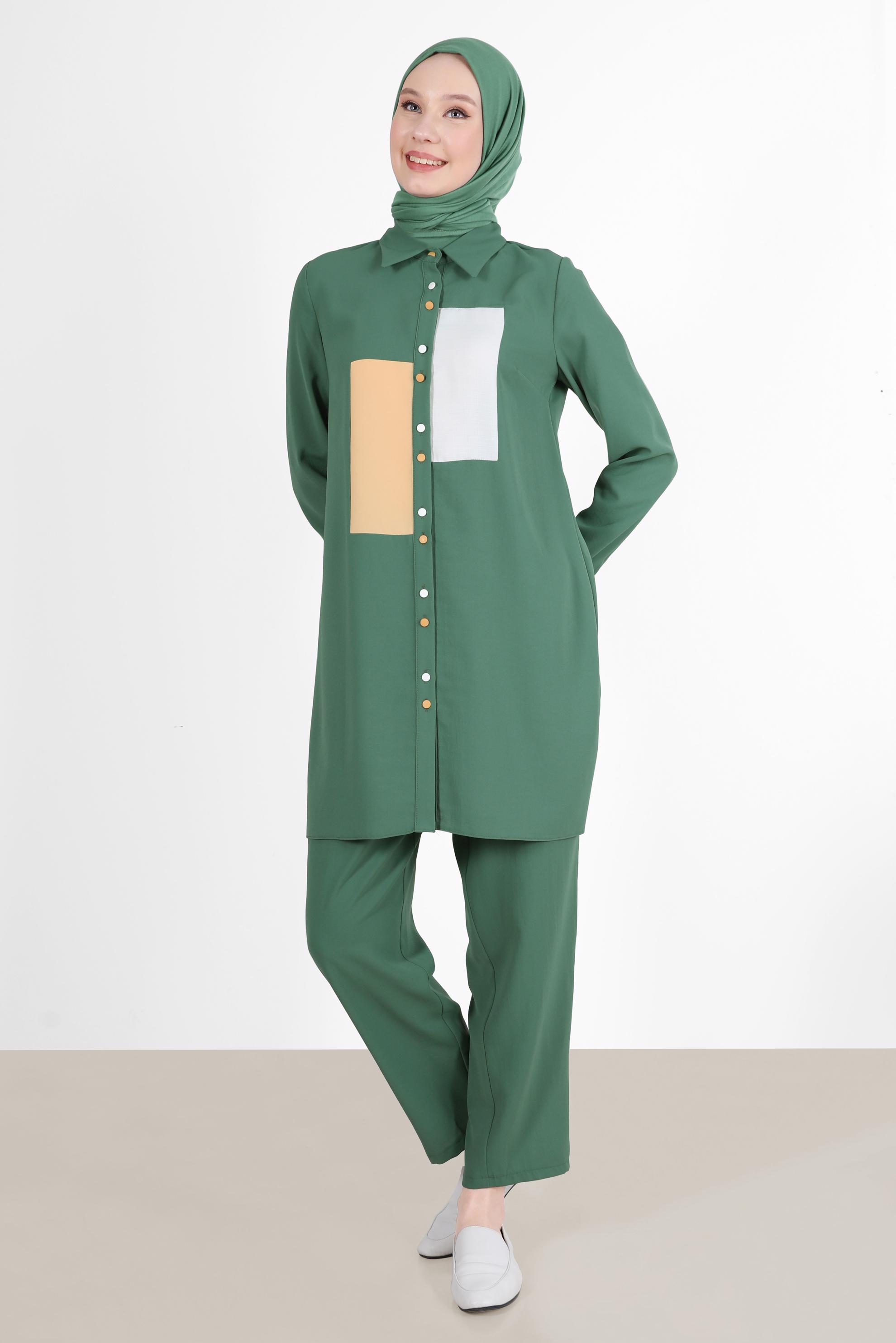 Tesettür giyim YEŞİL GEOMETRİK ŞEKİL DETAYLI İKİLİ PANT. TAKIM 42588 