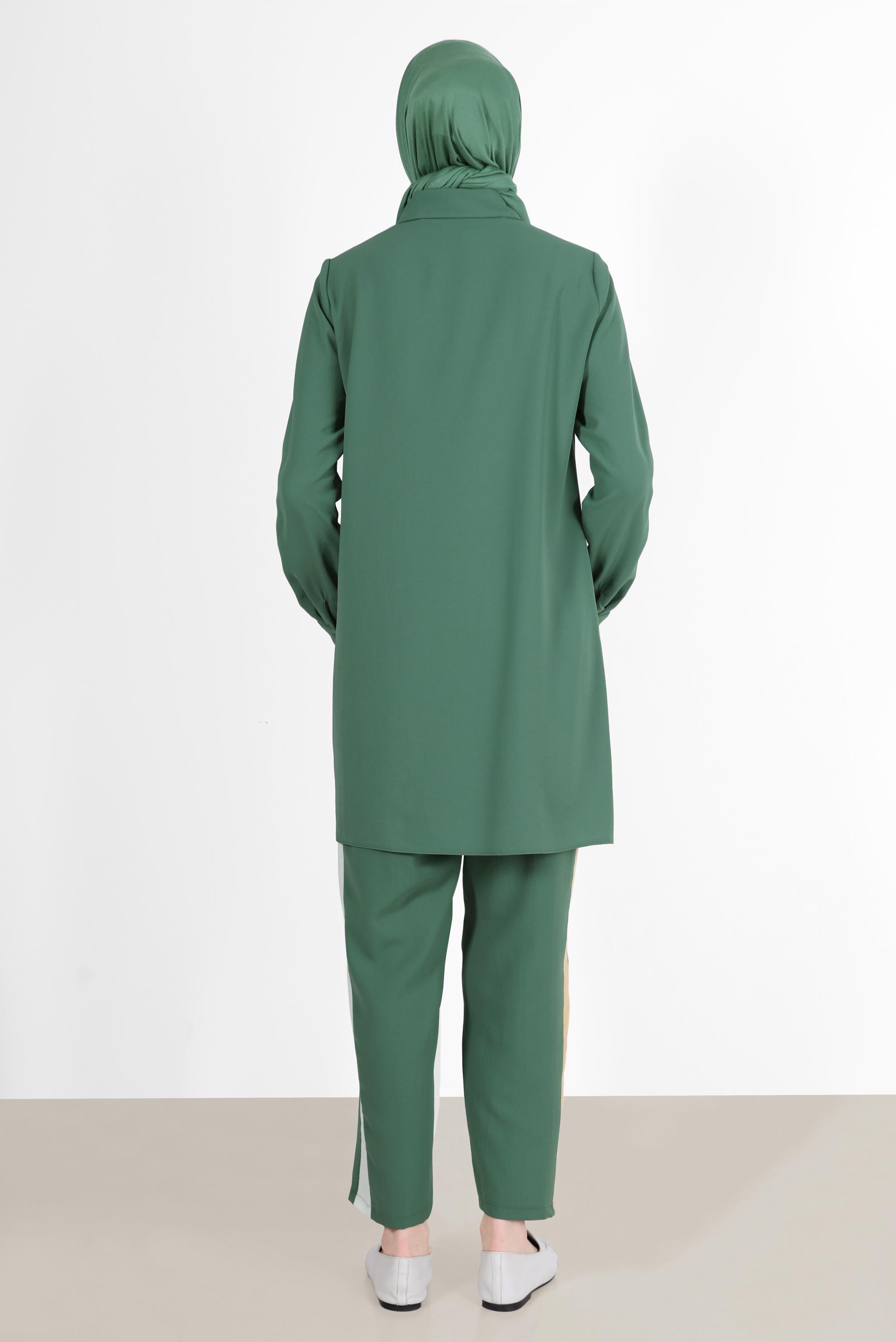 Tesettür giyim YEŞİL GEOMETRİK ŞEKİL DETAYLI İKİLİ PANT. TAKIM 42588 