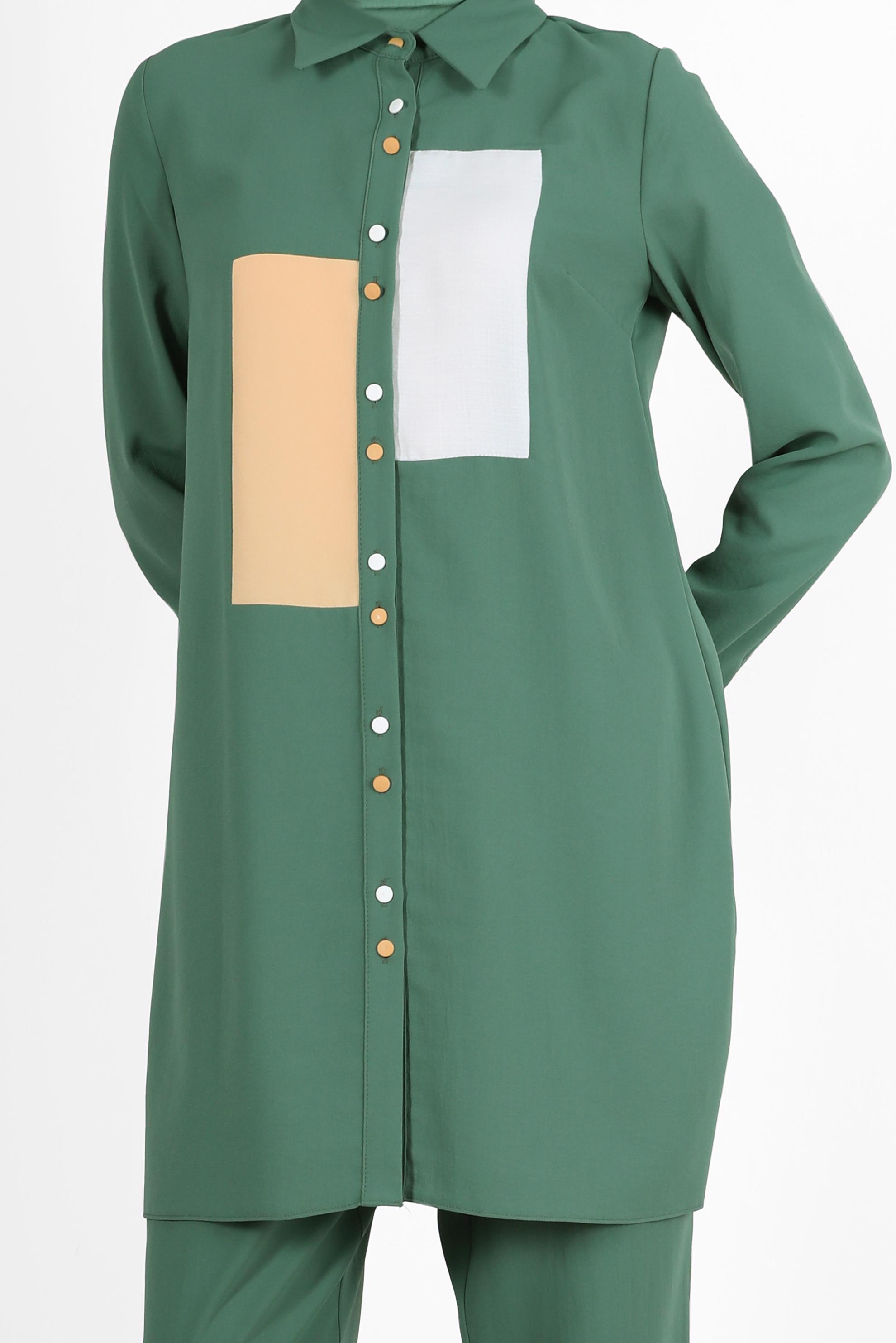 Tesettür giyim YEŞİL GEOMETRİK ŞEKİL DETAYLI İKİLİ PANT. TAKIM 42588 