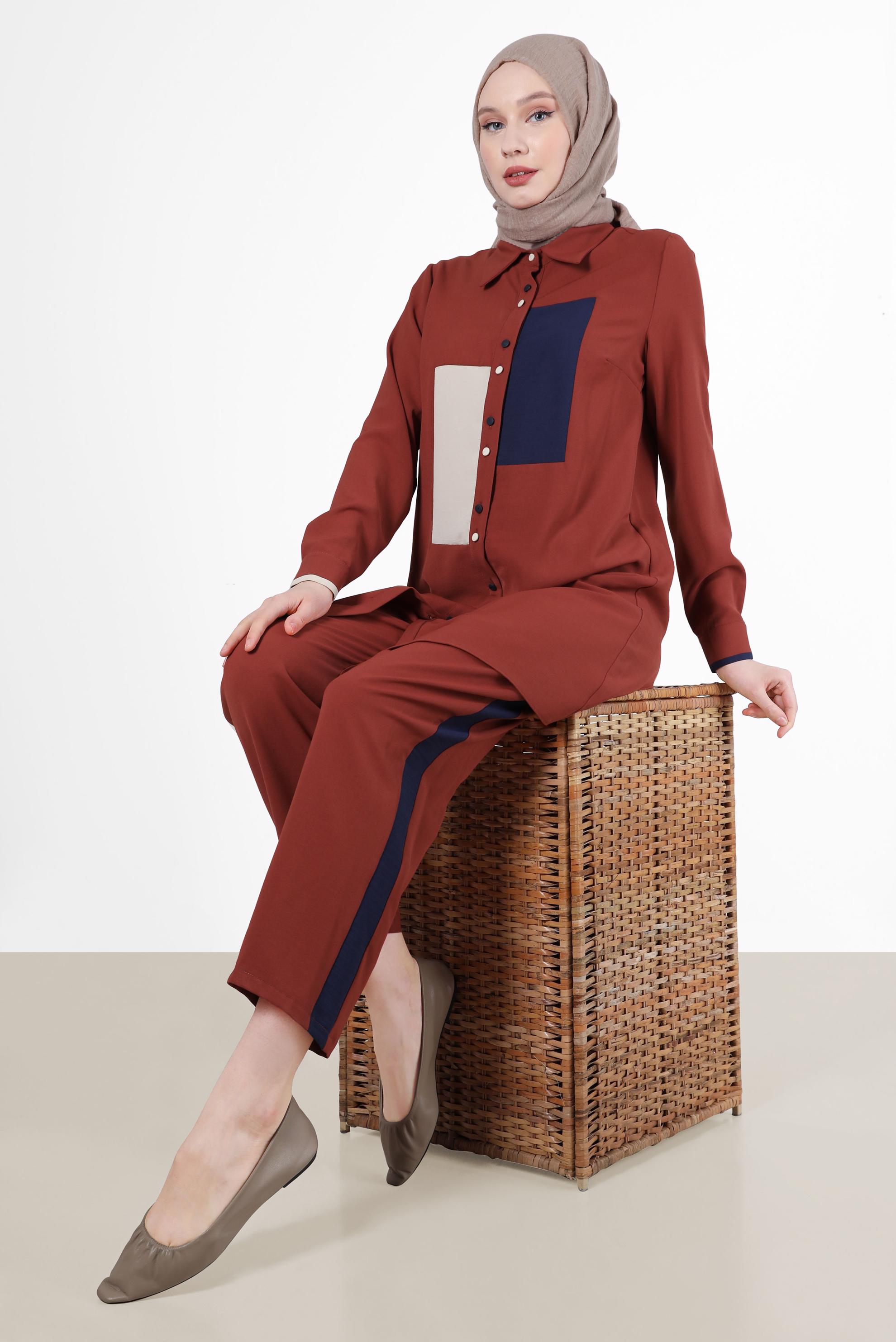 Tesettür giyim BORDO GEOMETRİK ŞEKİL DETAYLI İKİLİ PANT. TAKIM 42588 