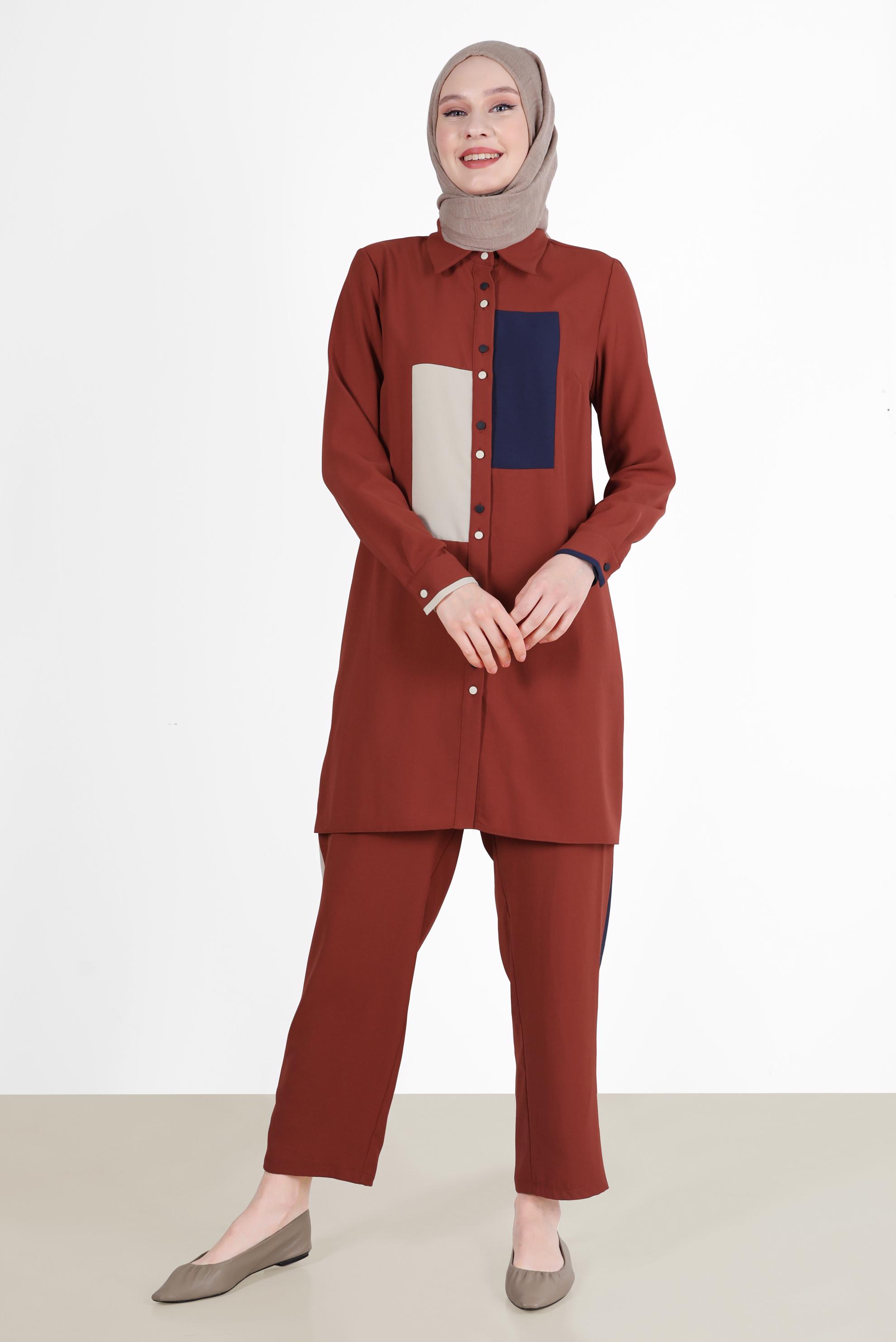 Tesettür giyim BORDO GEOMETRİK ŞEKİL DETAYLI İKİLİ PANT. TAKIM 42588 