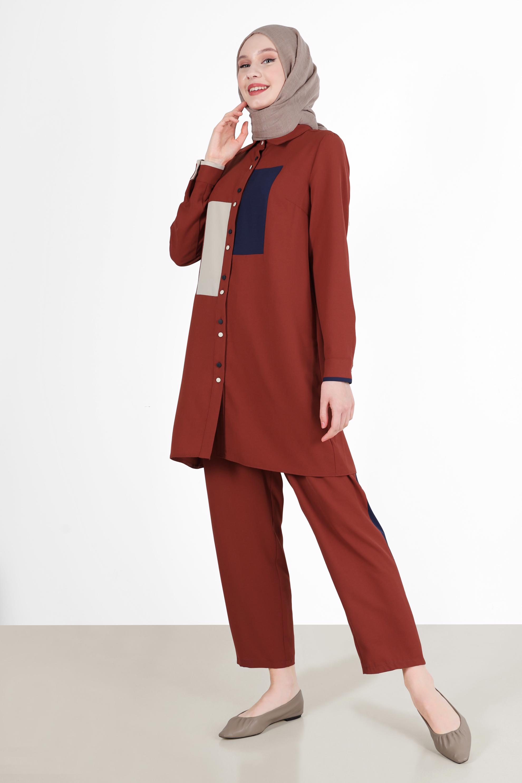 Tesettür giyim BORDO GEOMETRİK ŞEKİL DETAYLI İKİLİ PANT. TAKIM 42588 