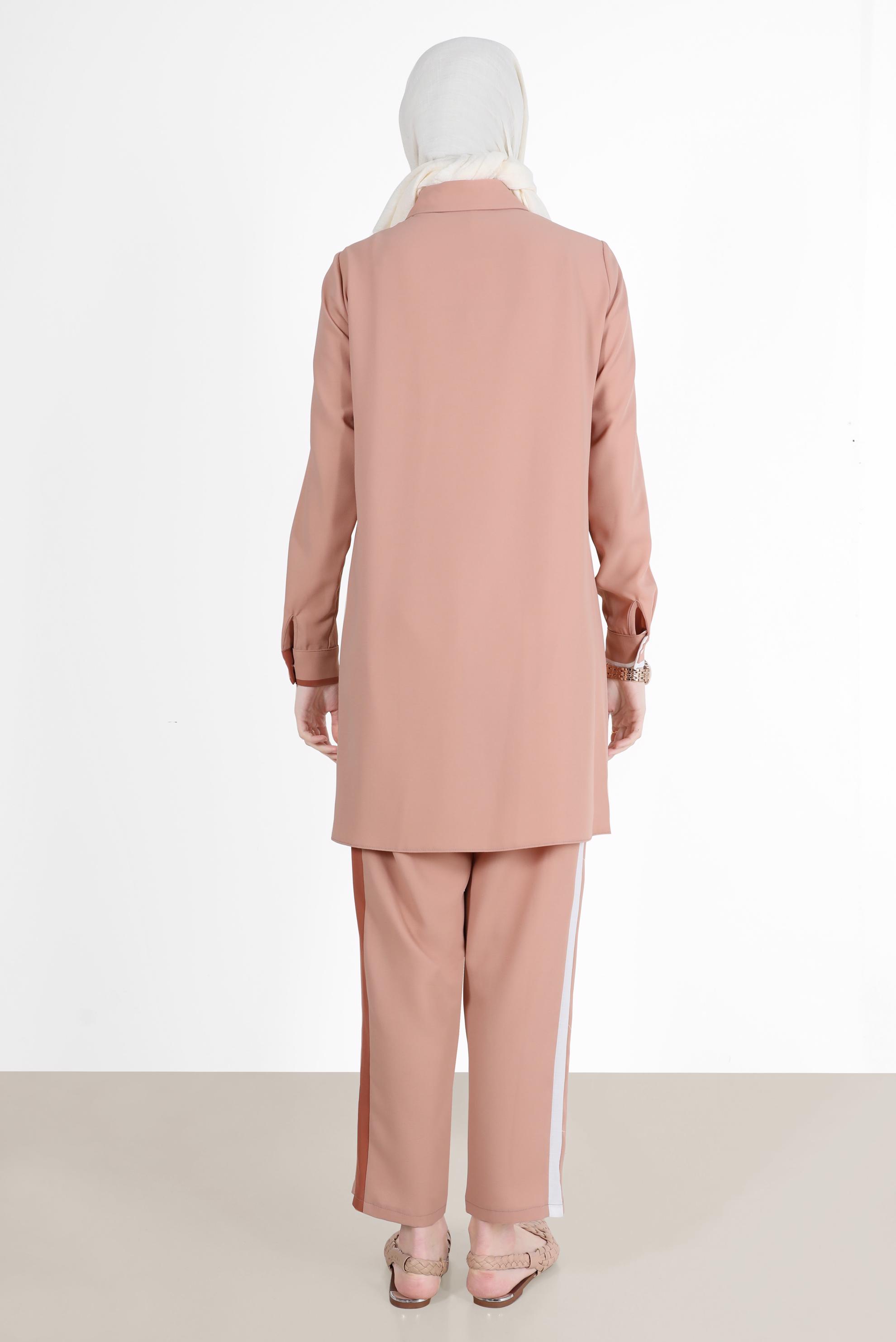 Tesettür giyim PUDRA GEOMETRİK ŞEKİL DETAYLI İKİLİ PANT. TAKIM 42588 