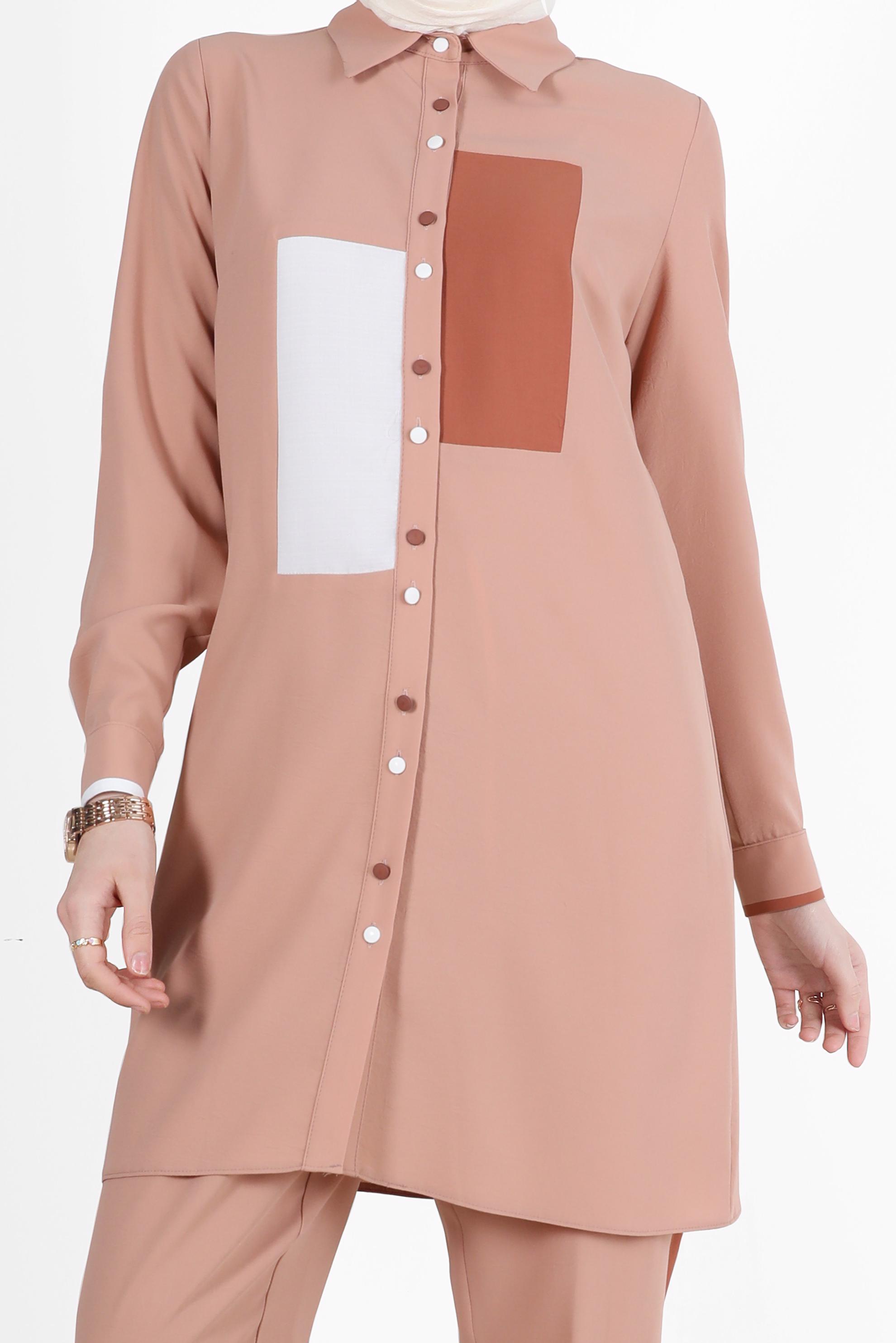 Tesettür giyim PUDRA GEOMETRİK ŞEKİL DETAYLI İKİLİ PANT. TAKIM 42588 