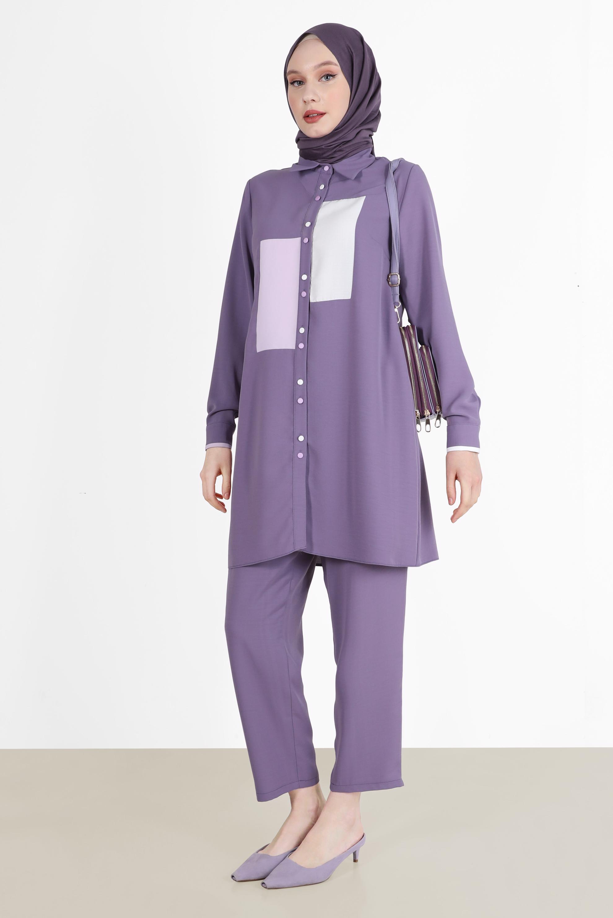Tesettür giyim MOR GEOMETRİK ŞEKİL DETAYLI İKİLİ PANT. TAKIM 42588 