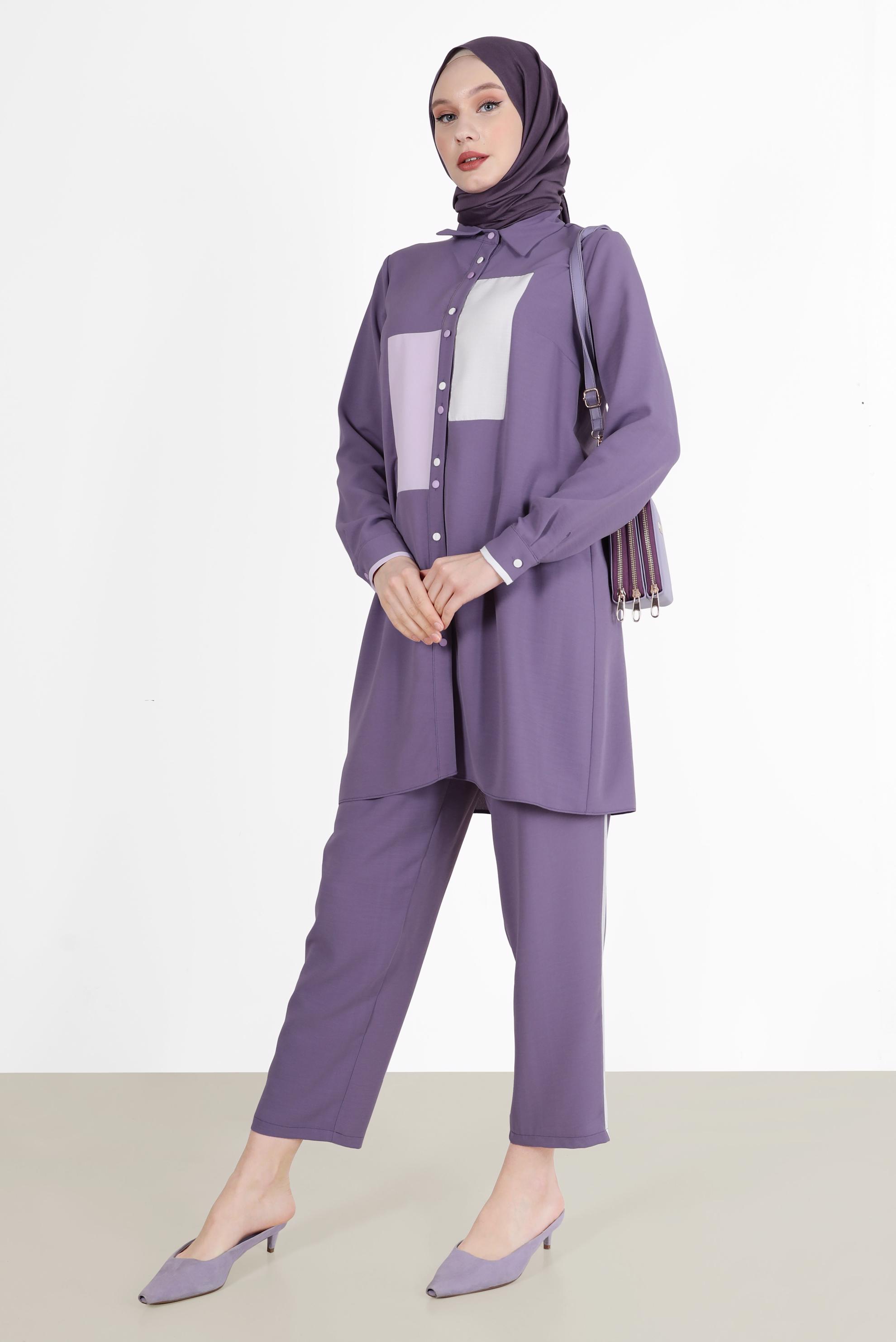 Tesettür giyim MOR GEOMETRİK ŞEKİL DETAYLI İKİLİ PANT. TAKIM 42588 