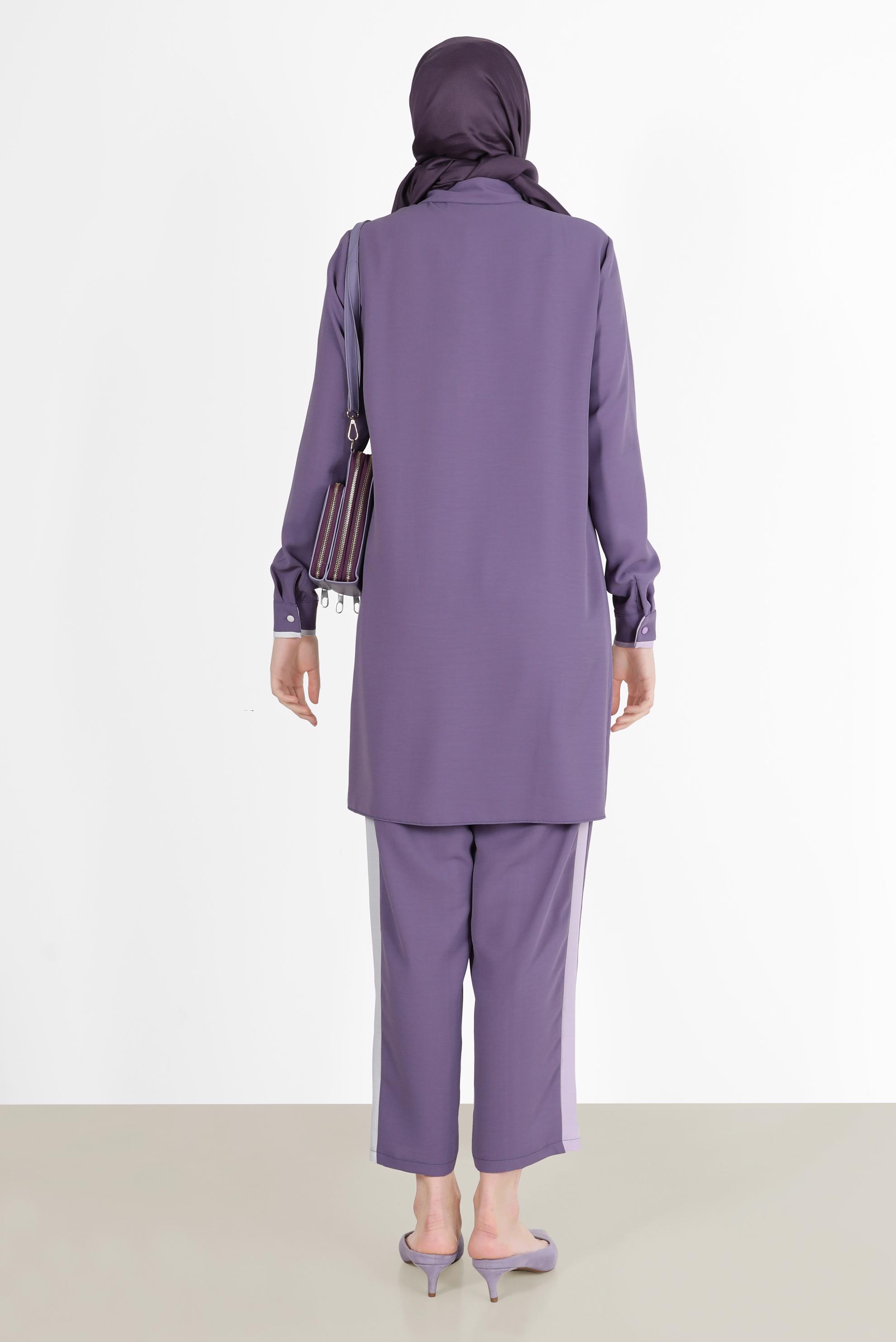 Tesettür giyim MOR GEOMETRİK ŞEKİL DETAYLI İKİLİ PANT. TAKIM 42588 
