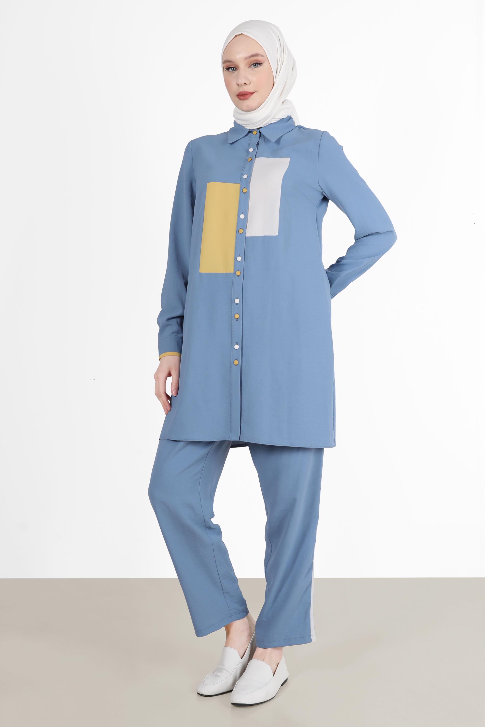Hijab clothing BLUE GEOMETRIC PATTERN DETAIL 2-PIECE PANTS SUIT 42588 
