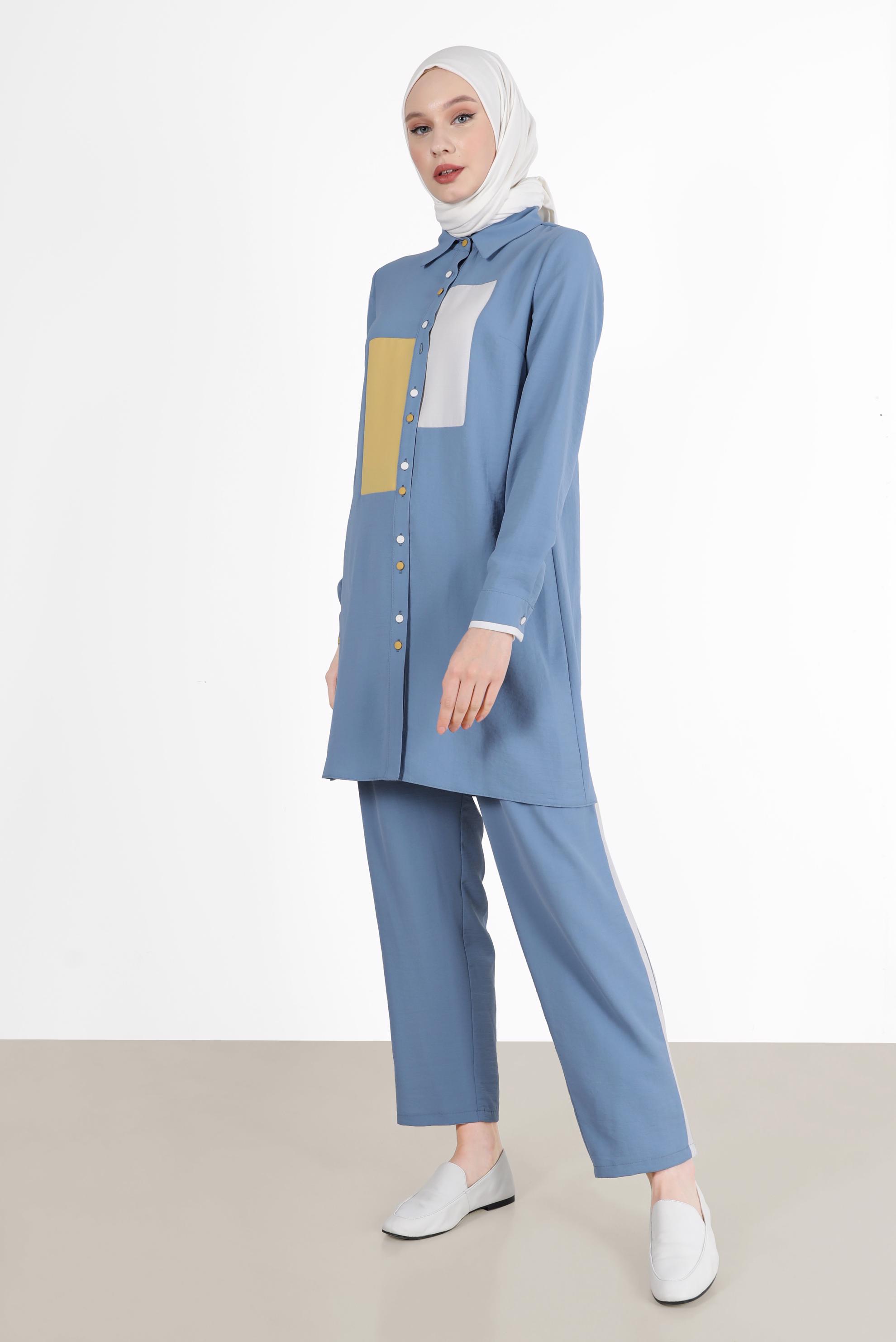 Hijab clothing BLUE GEOMETRIC PATTERN DETAIL 2-PIECE PANTS SUIT 42588 