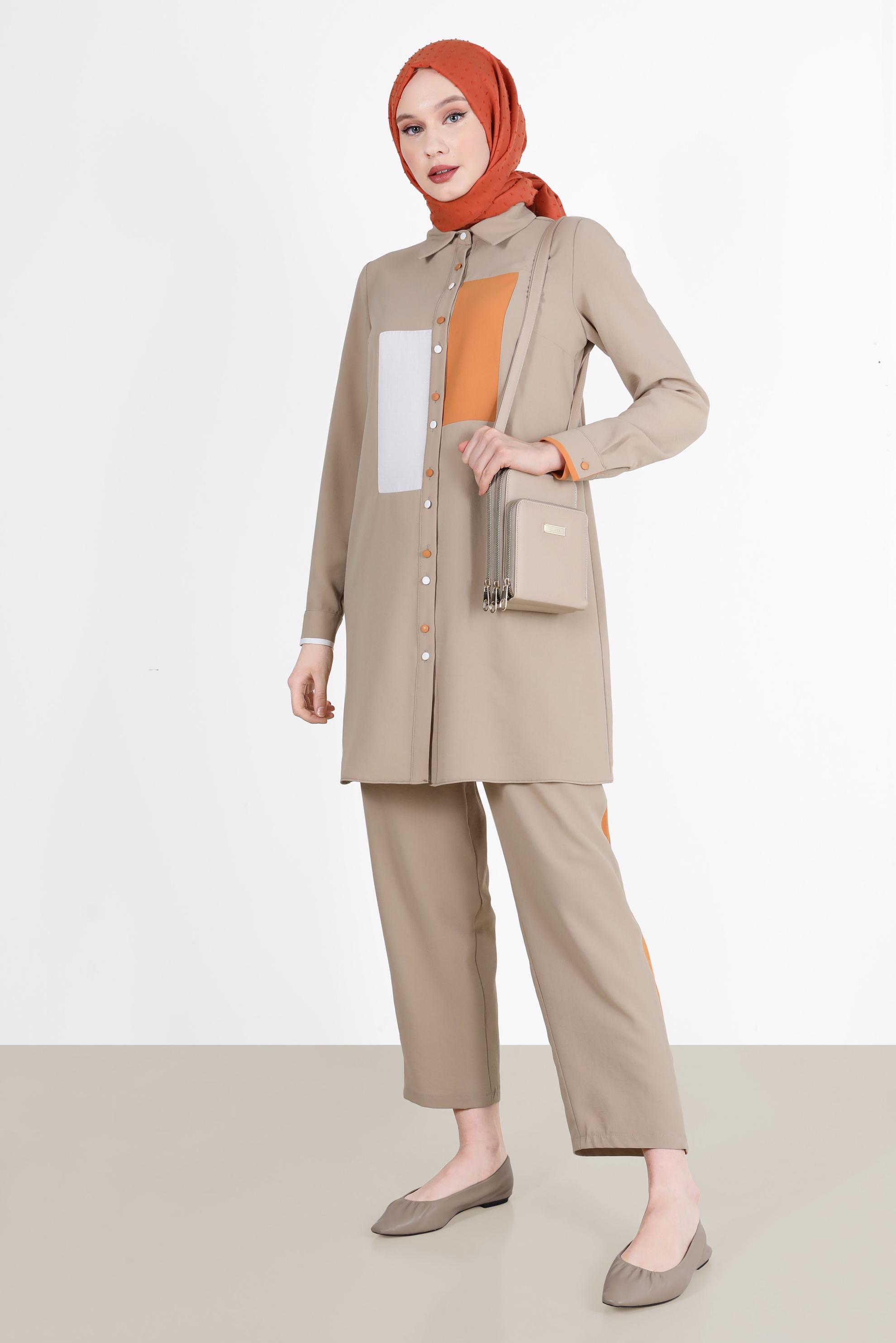 Tesettür giyim VİZON GEOMETRİK ŞEKİL DETAYLI İKİLİ PANT. TAKIM 42588 