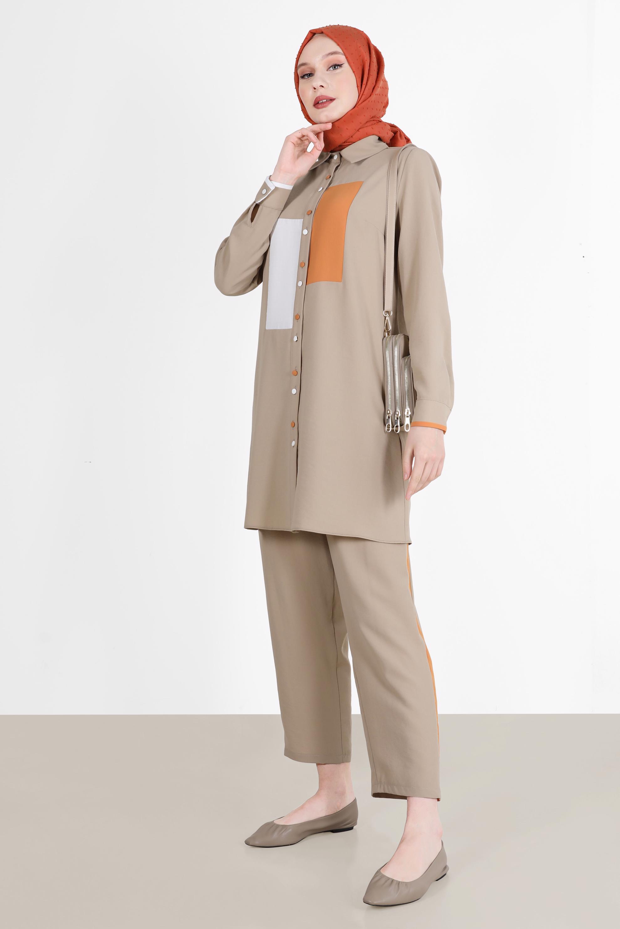 Tesettür giyim VİZON GEOMETRİK ŞEKİL DETAYLI İKİLİ PANT. TAKIM 42588 