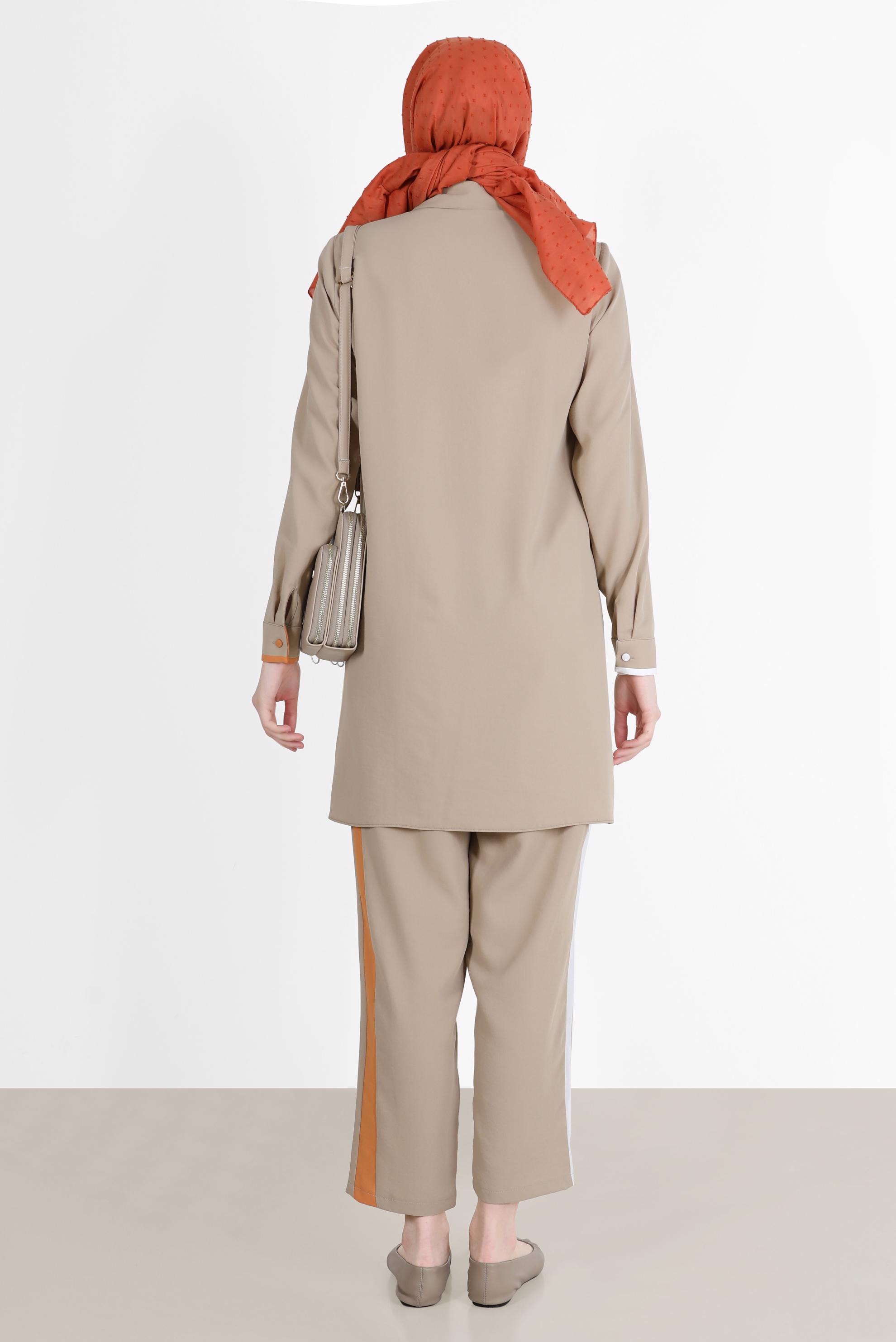 Tesettür giyim VİZON GEOMETRİK ŞEKİL DETAYLI İKİLİ PANT. TAKIM 42588 