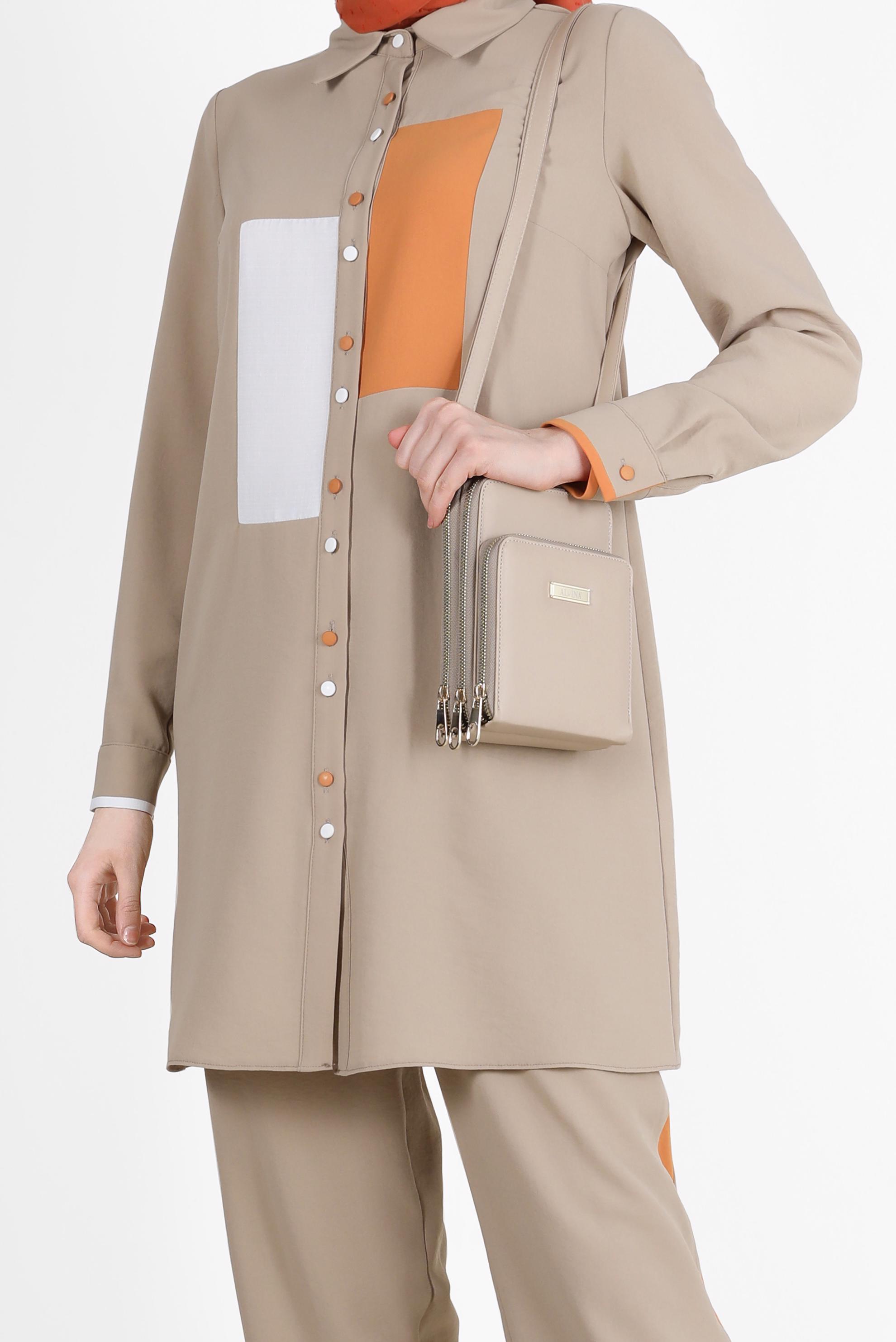 Tesettür giyim VİZON GEOMETRİK ŞEKİL DETAYLI İKİLİ PANT. TAKIM 42588 