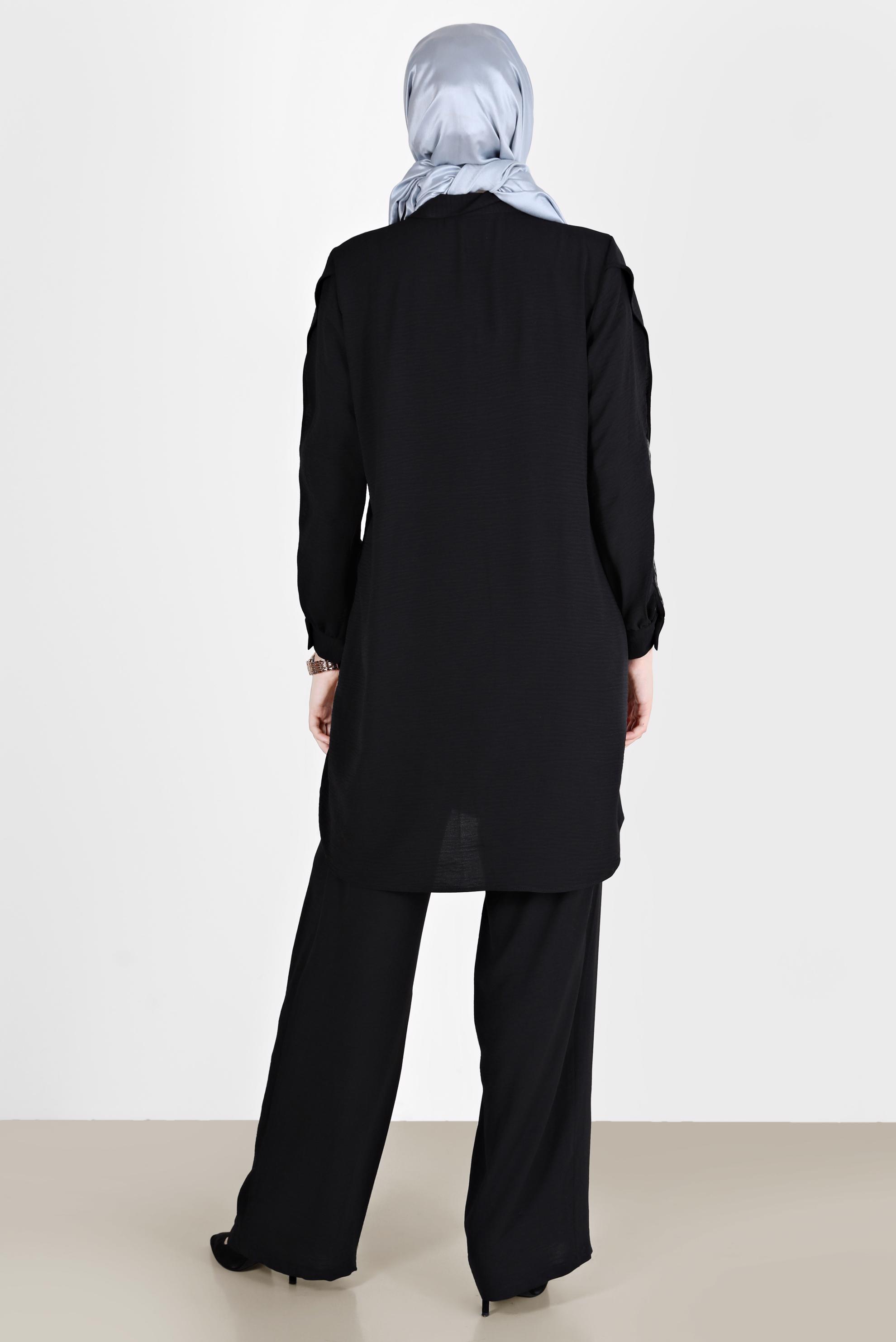 Tesettür giyim SİYAH KOLLARI NAKIŞLI VOLAN DETAYLI İKİLİ PANT. TAKIM 42608 